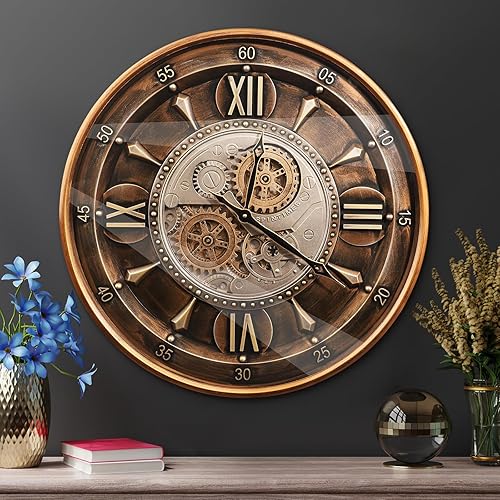 Miniatura 6 de October Elf 24 Inch Wall Clock with Moving Gears Large Industrial Steampunk Metal Clock Antique Gold Oversized Farmhouse Decor Wall Clock for Living