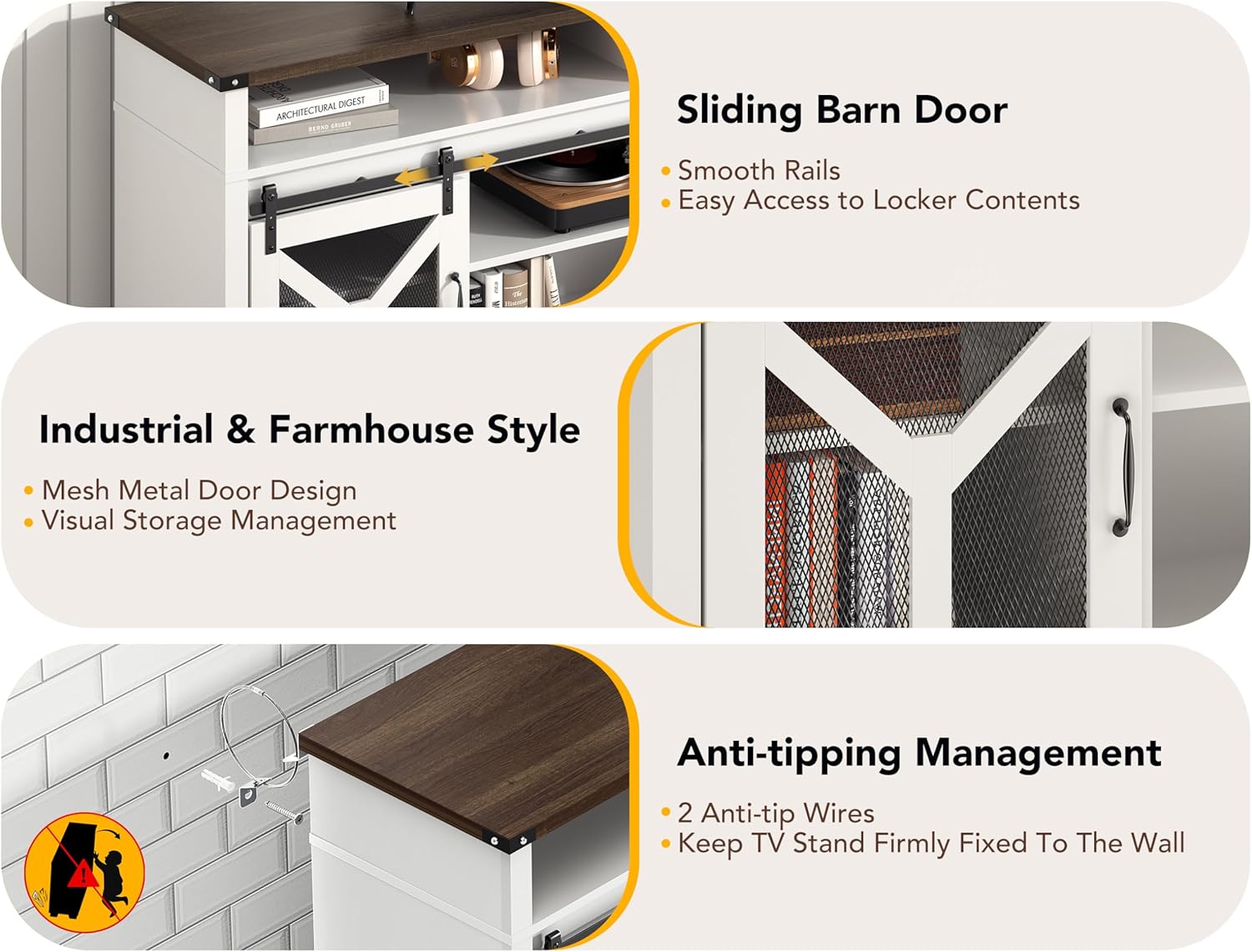 Farmhouse TV Stand for 55 65 75 Inch TVs, Entertainment Center with LED Light, Storage Cabinets, Sliding Barn Doors and Adjustable Shelf, Media TV Console TV Stand Table for Living Room (White)