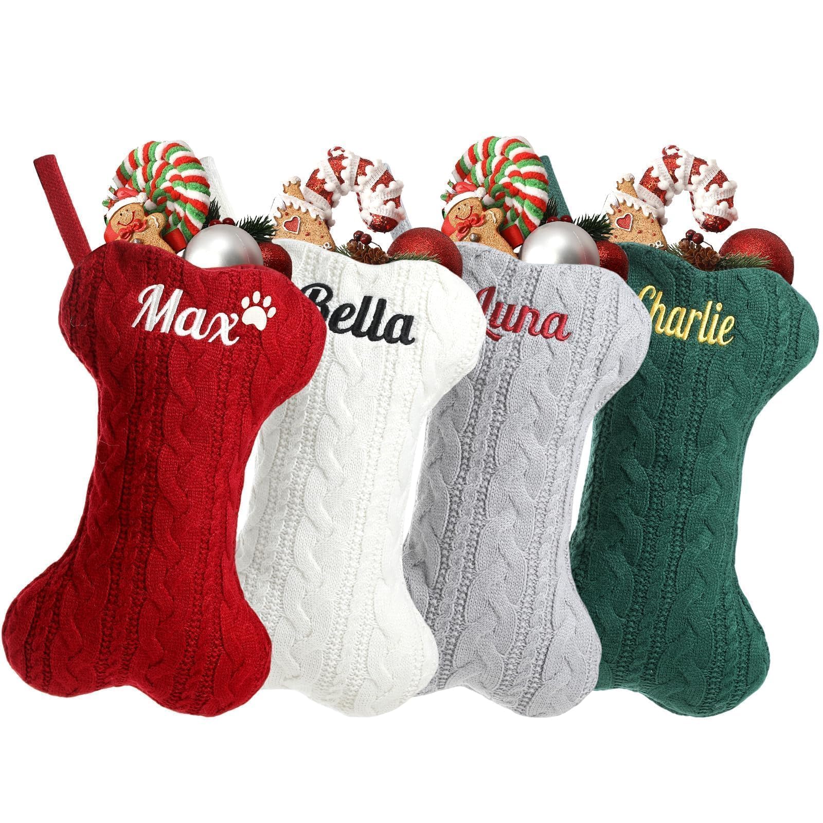 Infiher Personalised Dog Christmas Stockings - Custom Embroidered Pet Name & Bone Shape Stocking for Doggie, 15.7” Large Knit Monogram Xmas Stockings for Fireplace Holiday Decor Gift(2 Pack)