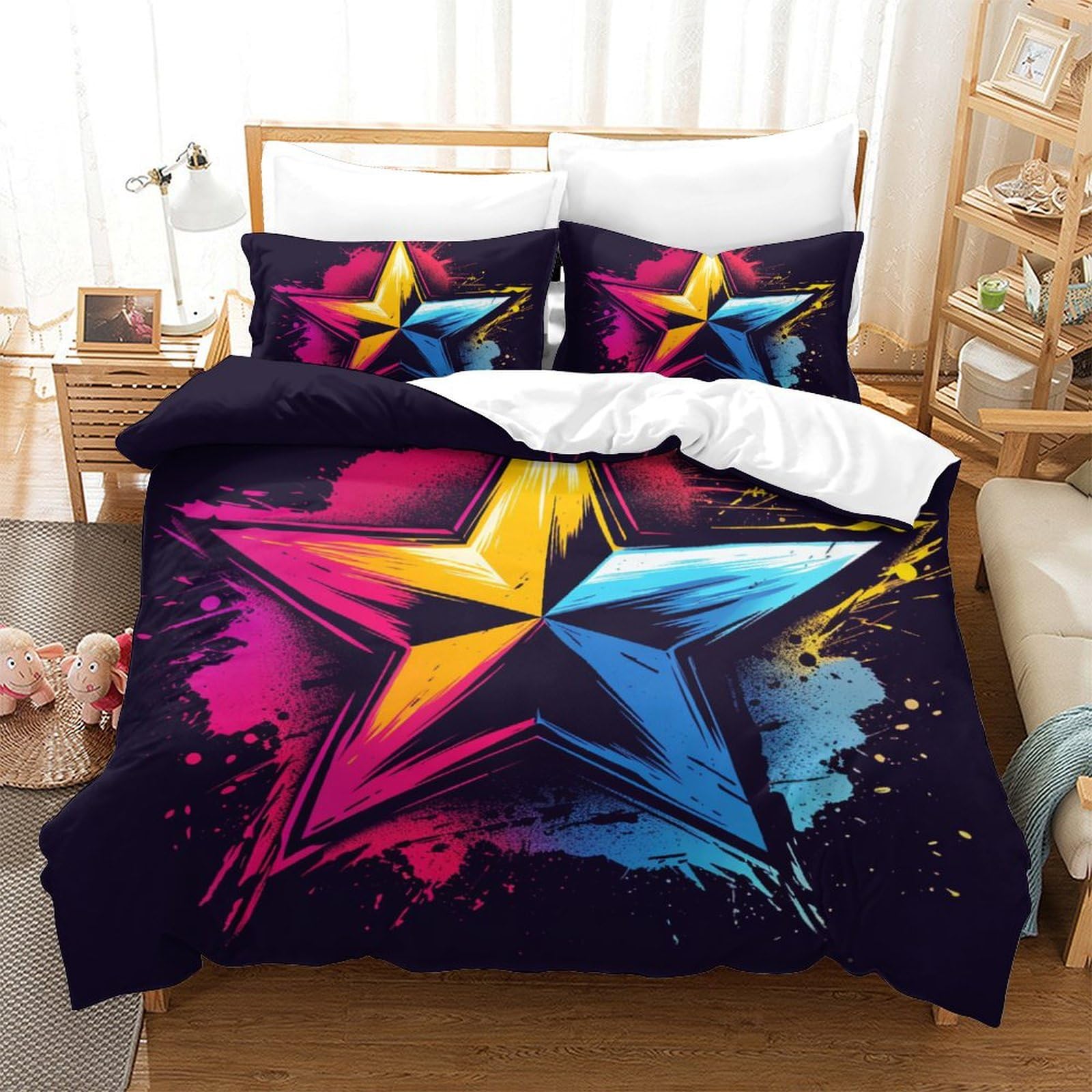 Housse de couette 220x240 étoiles colorées 3D parure de lit microfibre ado