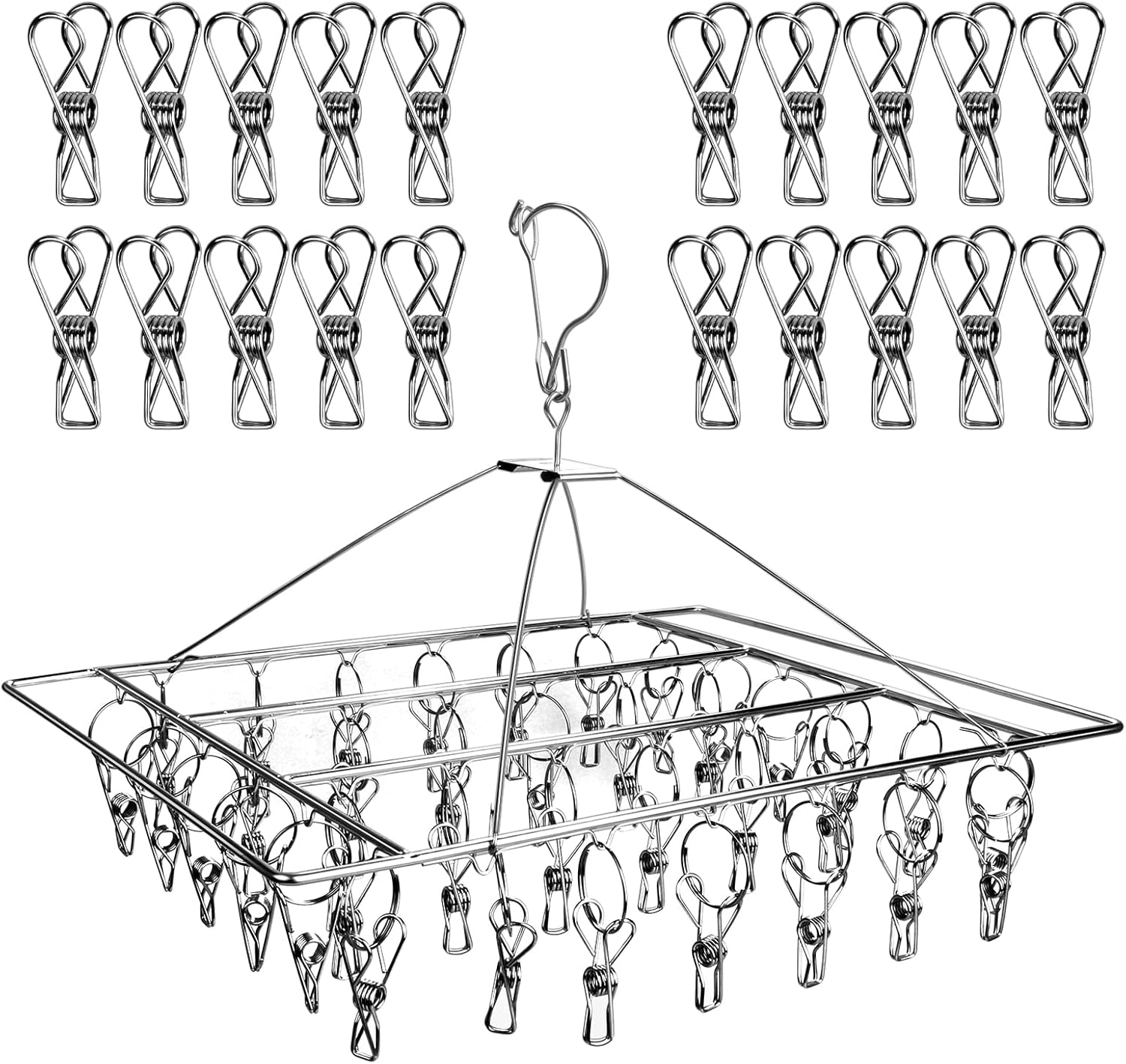 Stainless Steel Sock Drying Rack with 56 pcs Laundry Pegs Windproof