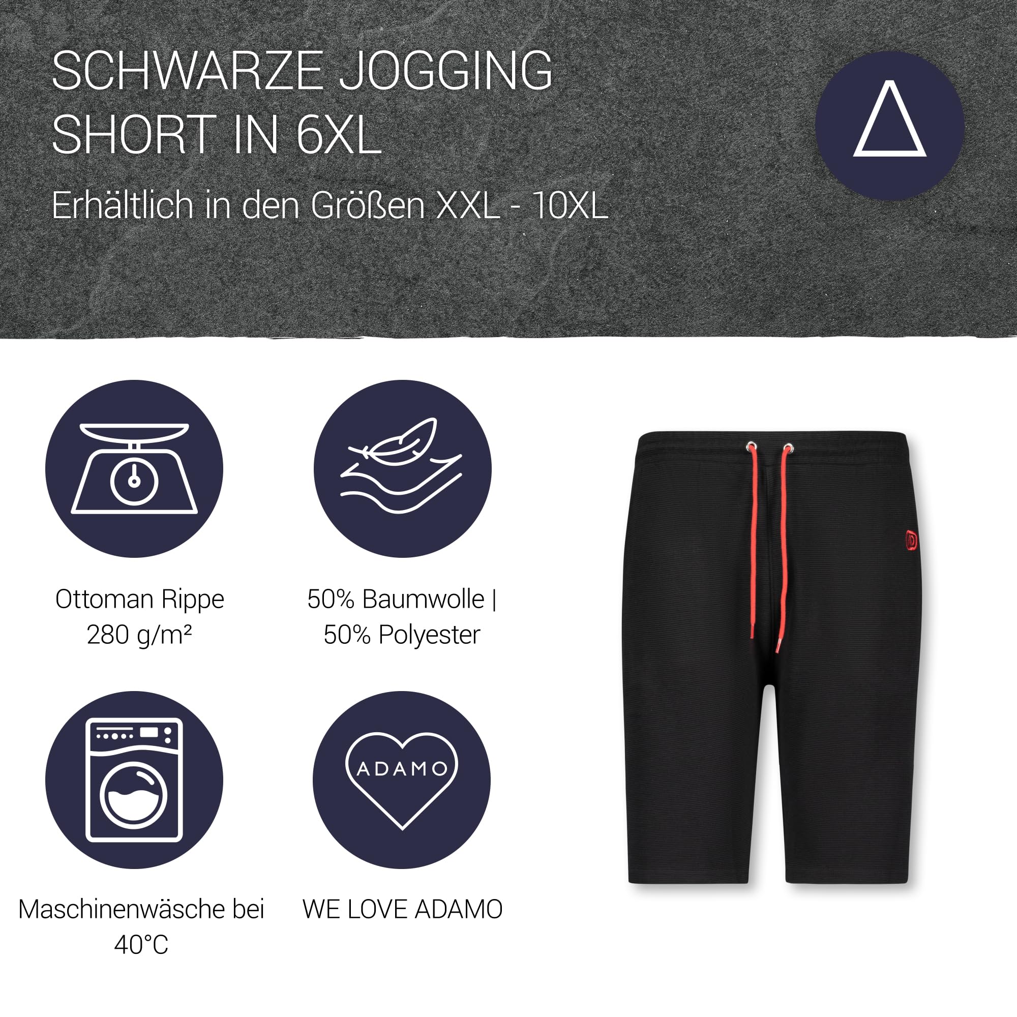 ADAMO Schwarze Herren Jogginghose kurz Ottoman Rippe großen Größen XXL - 10XL