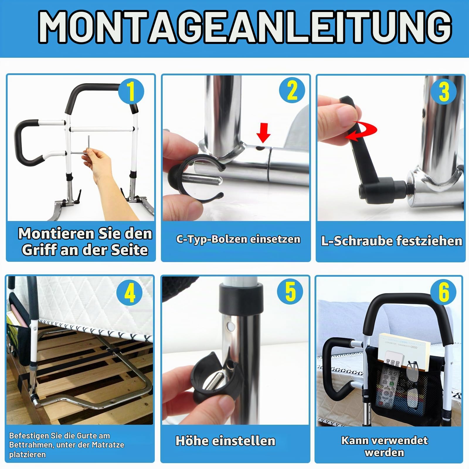 Aufstehhilfe Bett fur Senioren, Faltbare Bettgitter für verstellbares Bett, Nicht wackelige Betthilfsstange für Senioren, passend für King/Queen/Voll/Twin