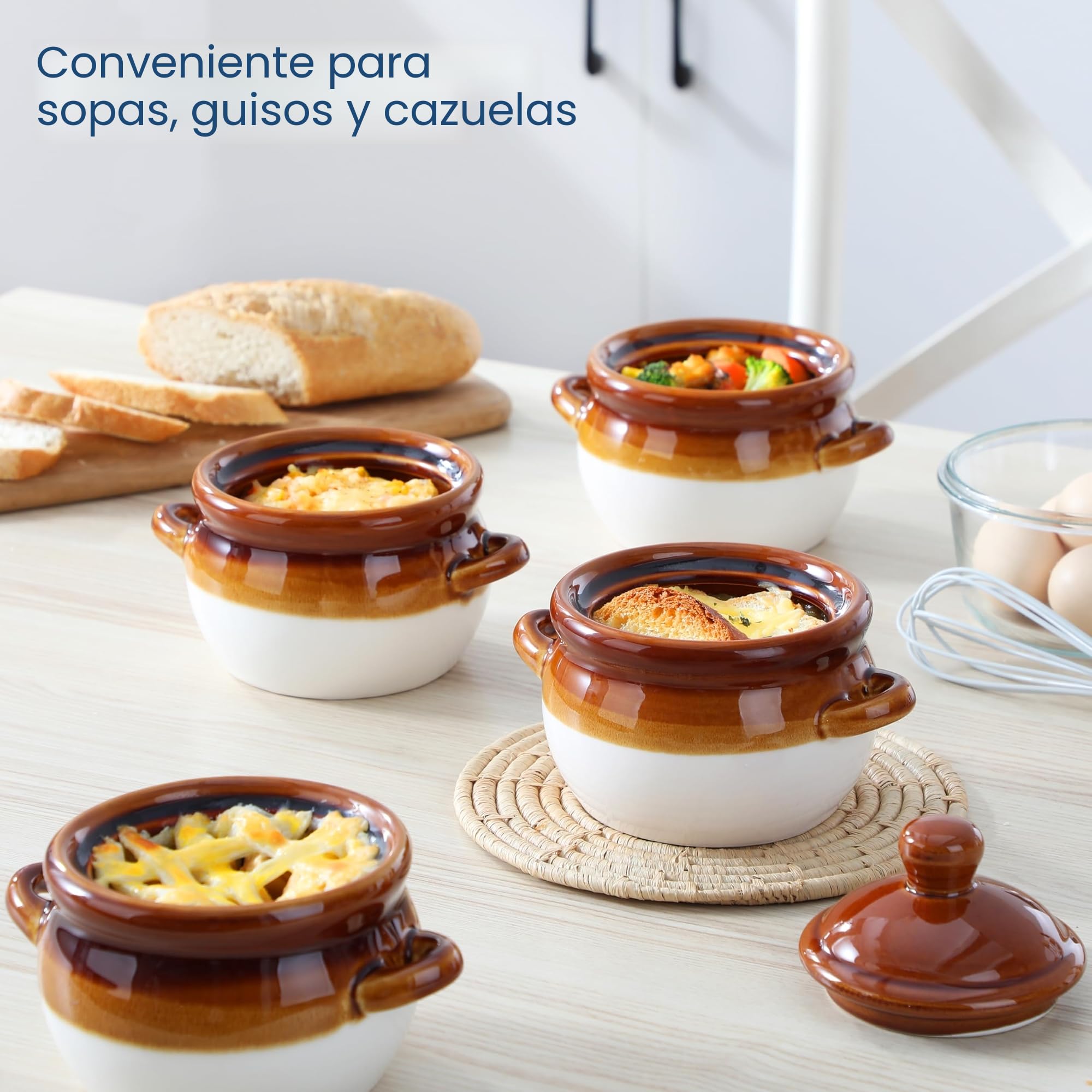 LOVECASA Juego de 4 Soperas de Porcelana 660 ml con Tapa y 2 Asas, 12,5 x 10,3 cm, Tazones para Sopa de Cebollas Soupe à l'Oignon, Sopa de Carne y Verduras, Caldo, Lasaña, Apto para Horno y Microondas