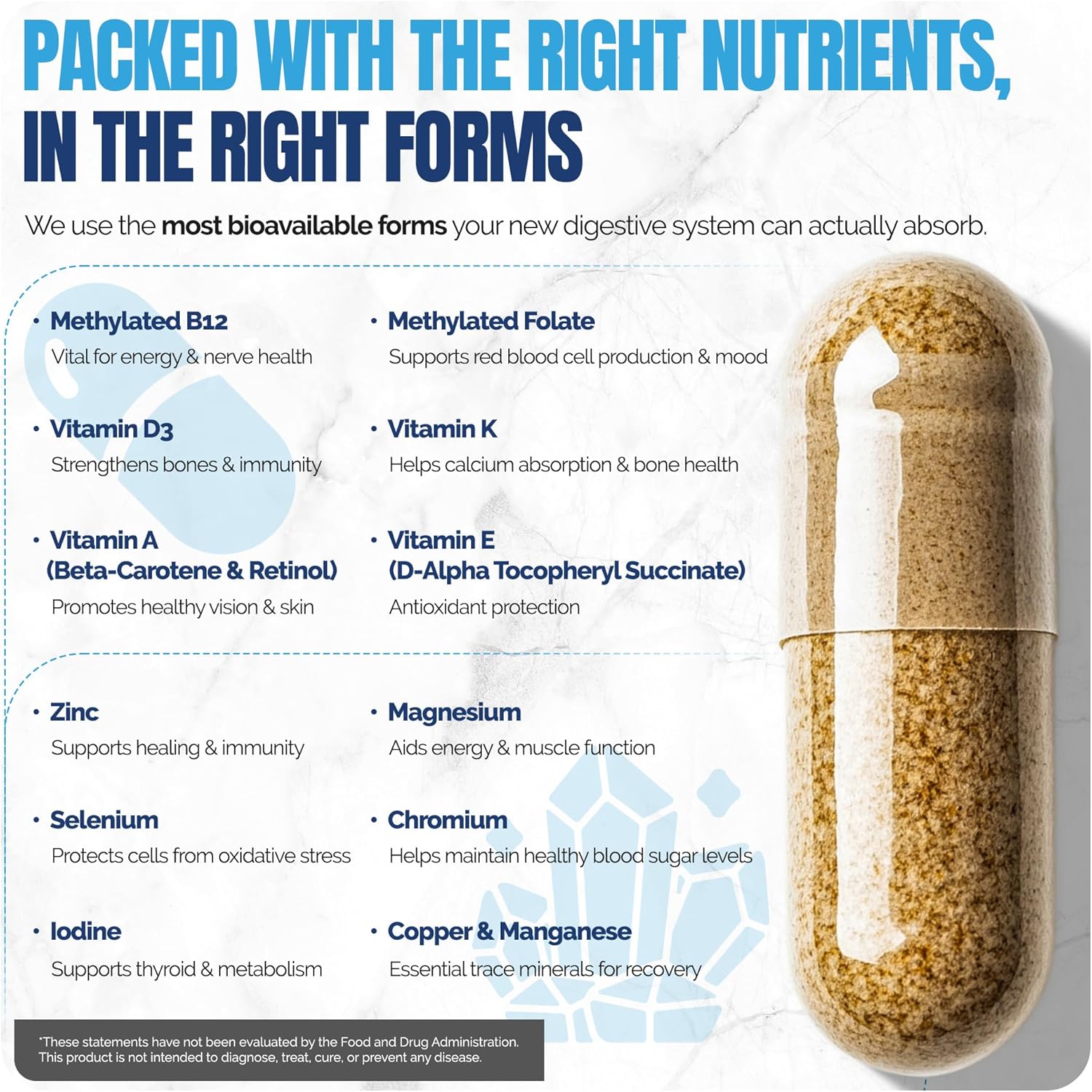 Shiny Leaf Methylated Bariatric Multivitamin Without Iron – Vitamins for Gastric Bypass & Sleeve, 1 Daily Capsule W Methylated Folate, B12, A, C, D, K & More. Vegetarian, Soy-Free, USA Made (60 Ct.) - Image 4