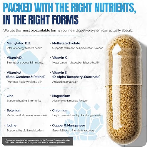 Vista 4 de Multivitamínico bariátrico sin hierro - B12 metilado y folato para bypass gástrico y cirugía de manga Cumple con ASMBS 1 cápsula diaria, 21