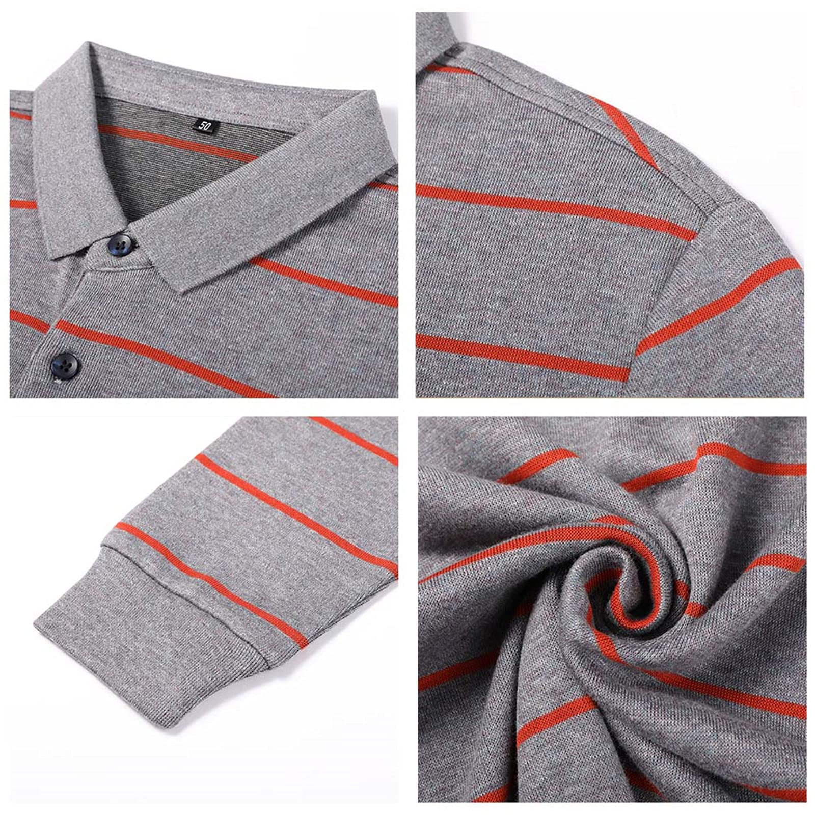 Herren Frühling Herbst Business Casual Klassisch Gestreifte Langarm Weiche Baumwolle Poloshirt Männer Kleidung, grau, XXL