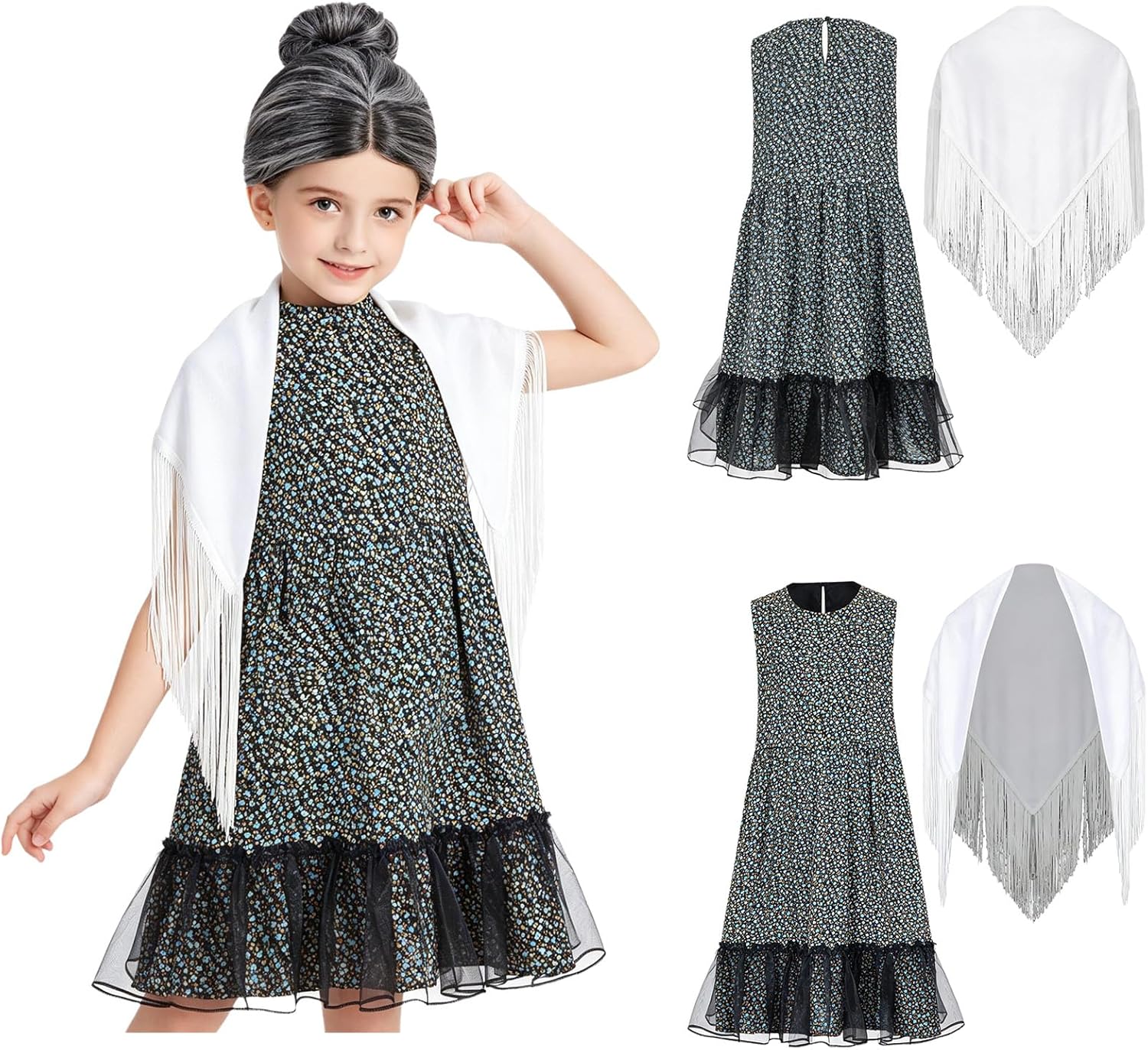 Kids 100 Day School Cosplay Costumes Sleeveless Floral Print Dress with Fringed Shawl Pretend Play Sets Blue 8 Years