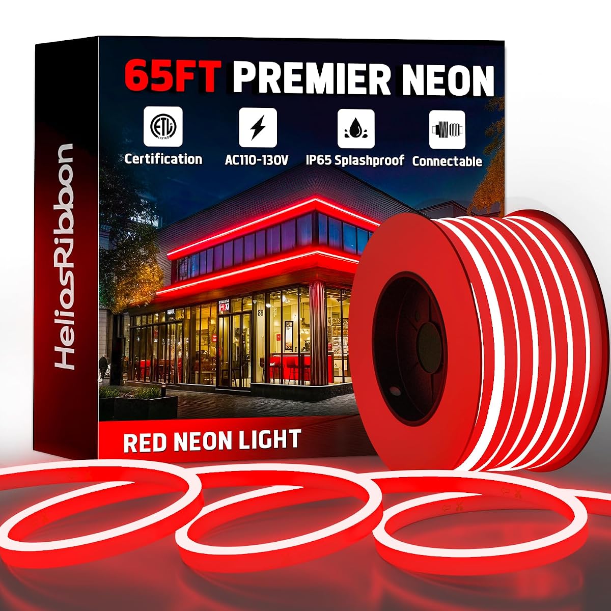 HeliosRibbon 65FT Red LED Neon Rope Lights, Waterproof, Flexible, Connectable,
