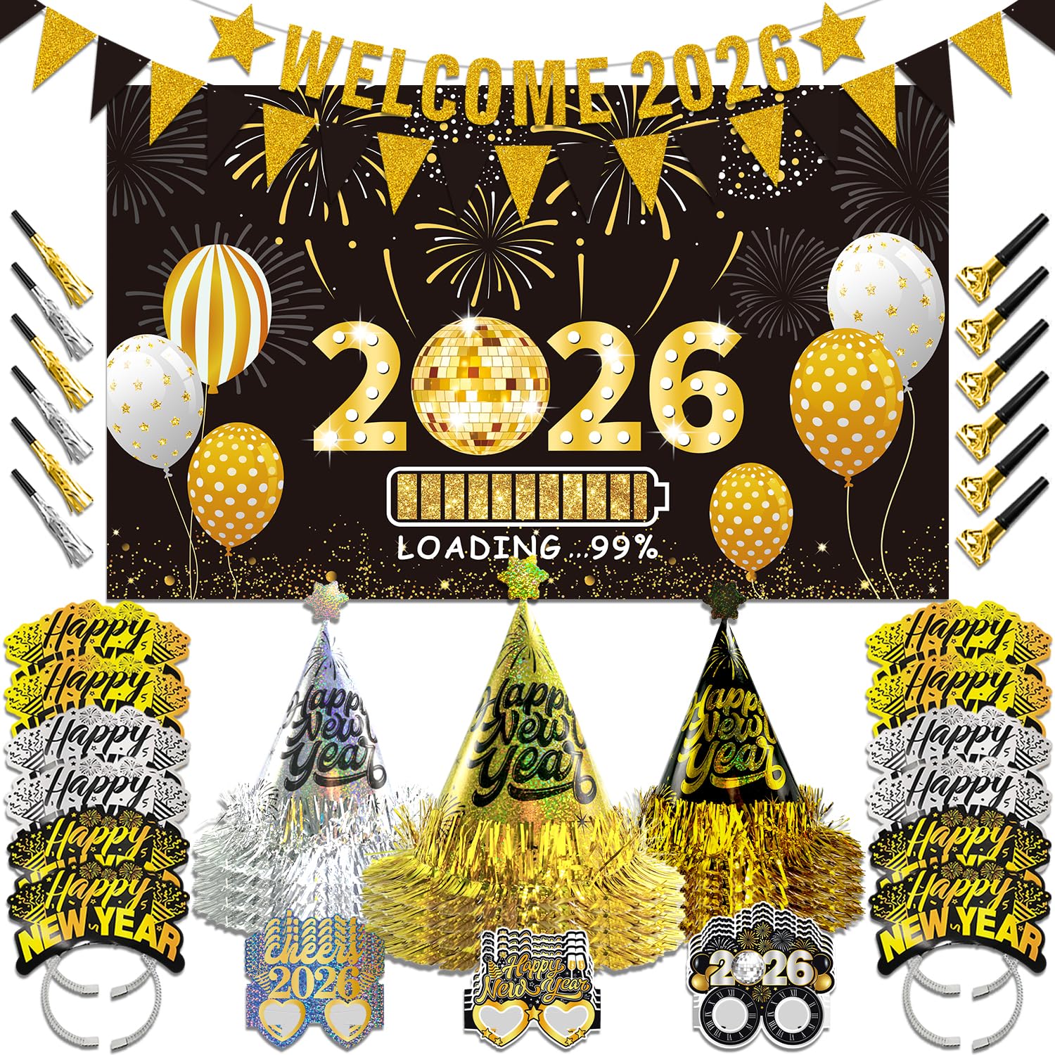 2026 New Year Eve Party Supplies for 24 Guests - New Years Decorations Black Gold, Large Happy New Year 2026 Banner , Glitter Cone Hats , Welcome