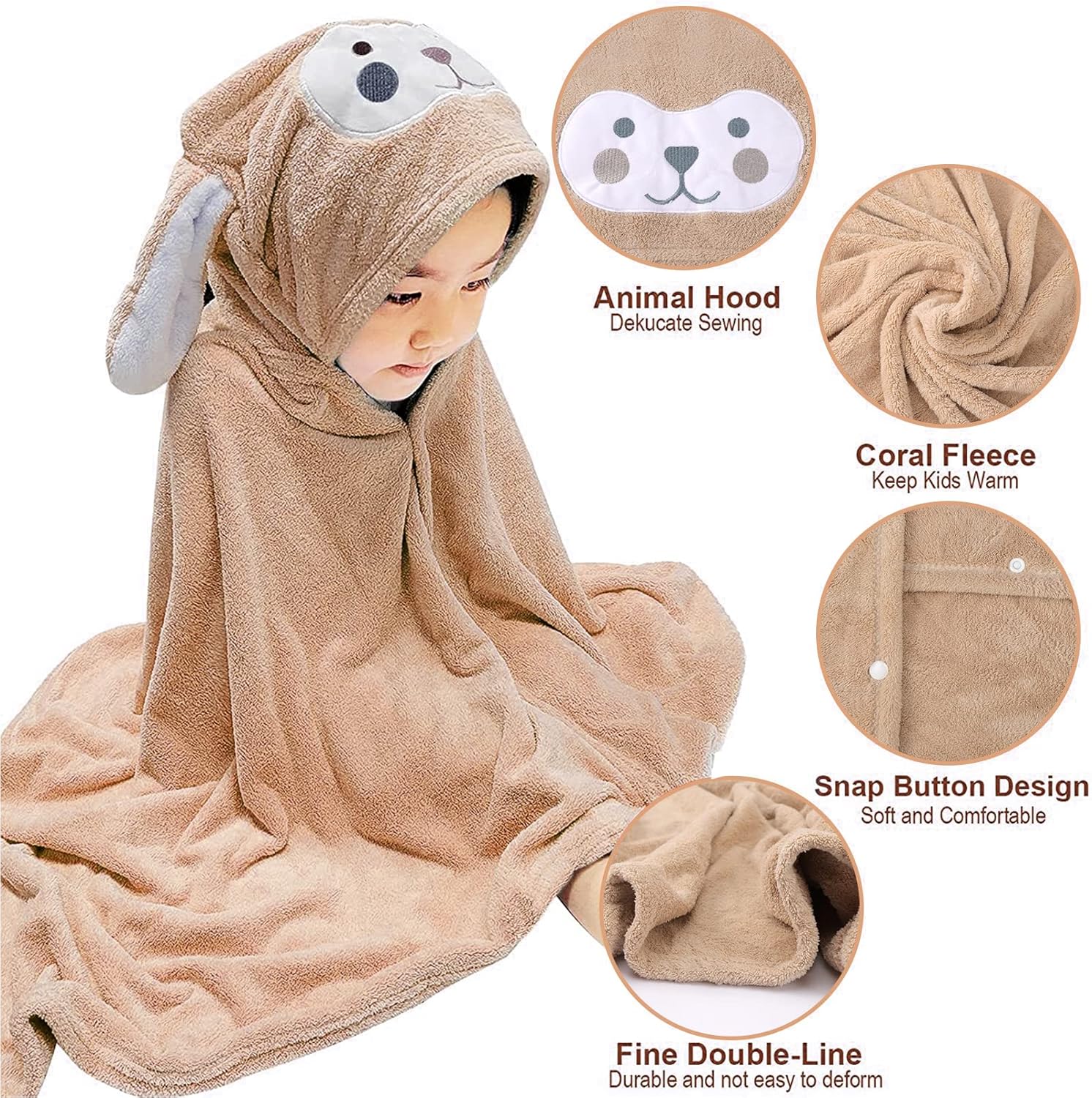 Visen Premium Hooded Towel for Kids,-28×55 INCH Large Size Kids Bath Towel,Ultra Soft Hooded Towel Wrap for Boys Girls, Highly Absorbent Bathrobe Blanket Gifts for Toddlers Shower (Brown) - Image 3