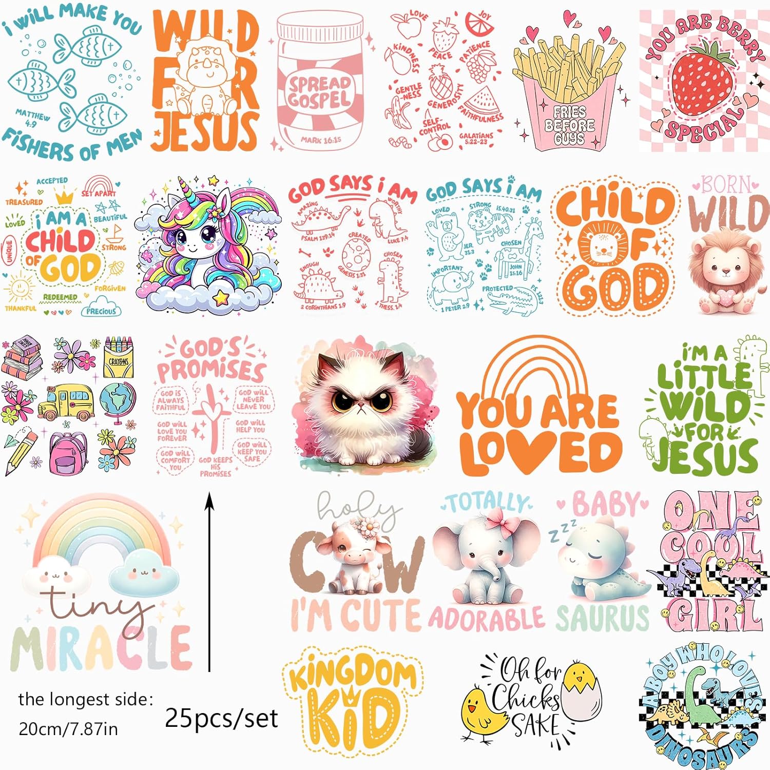 25pcs Cute Cat Lion Chicken Fish Iron on Heat Transfer Paper for T Shirts Iron on Transfer Patches DTF Transfers Ready to Press