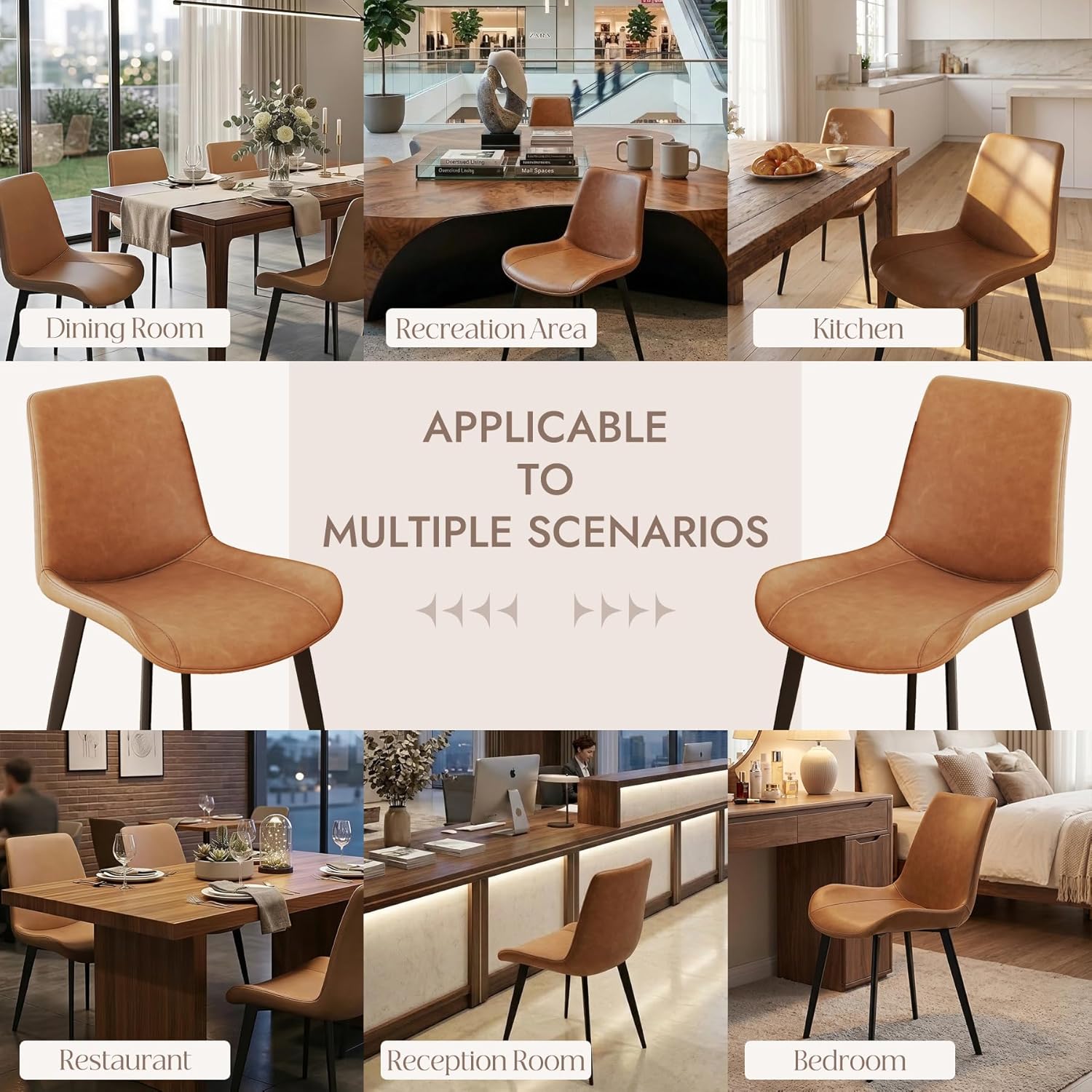 Modern Leather Dining Chairs Set Of 4, Pu Leather Kitchen Chair, Waterproof and easy to clean Faux Leathers With Curved Backrest Seat And Sturdy Metal Legs For Restaurant, Diner, Cafe, Kitchen, Brown