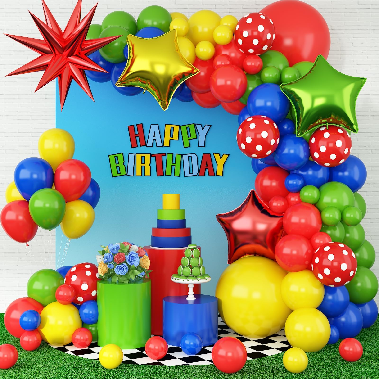 Red Blue Green Yellow Balloon Arch, Red Yellow Green Blue Balloon Garland with 4Pcs Star Foil Balloons for Birthday Baby Shower Cartoon Video Game