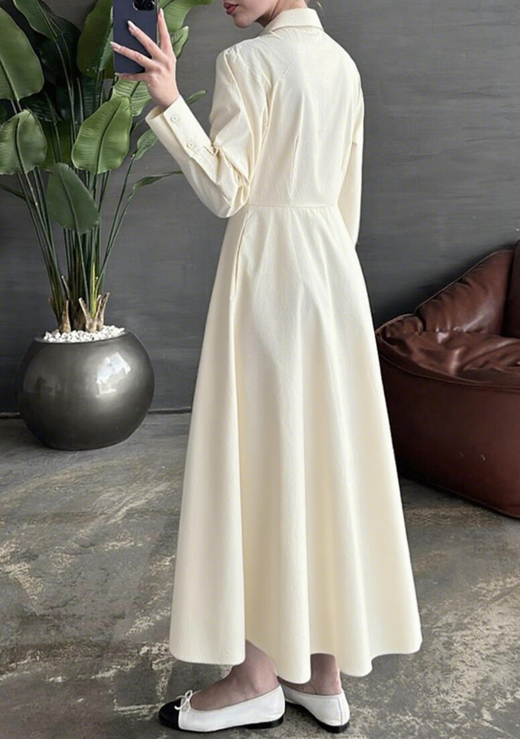Donna Camicia Classica Vestito Maniche Lunghe Maxi