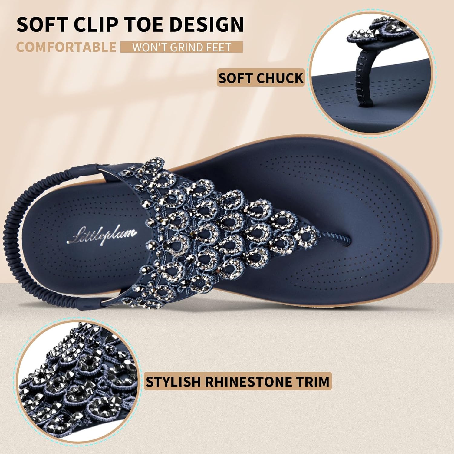 Littleplum Womens Sandals Arch Support Slingback Rhinestone Dressy Sandals Comfort Summer Shoes Ankle Strap Elastic Flats for Beach Walking - Image 5