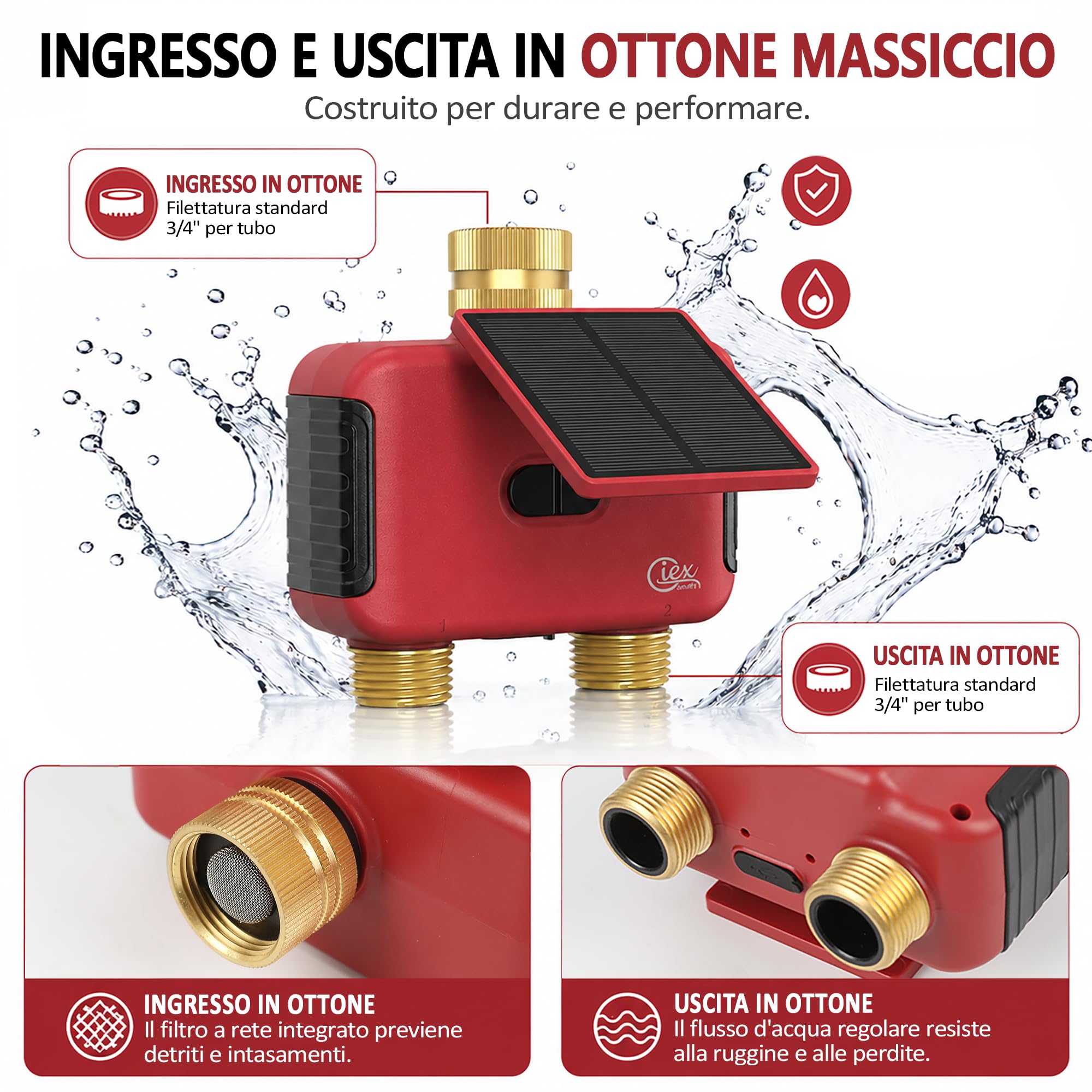 Programmatore irrigazione WiFi 2 zone, timer solare ricaricabile con doppia uscita, raccordi in ottone, senza hub, app Smart Life, compatibile Alexa e Google Assistant