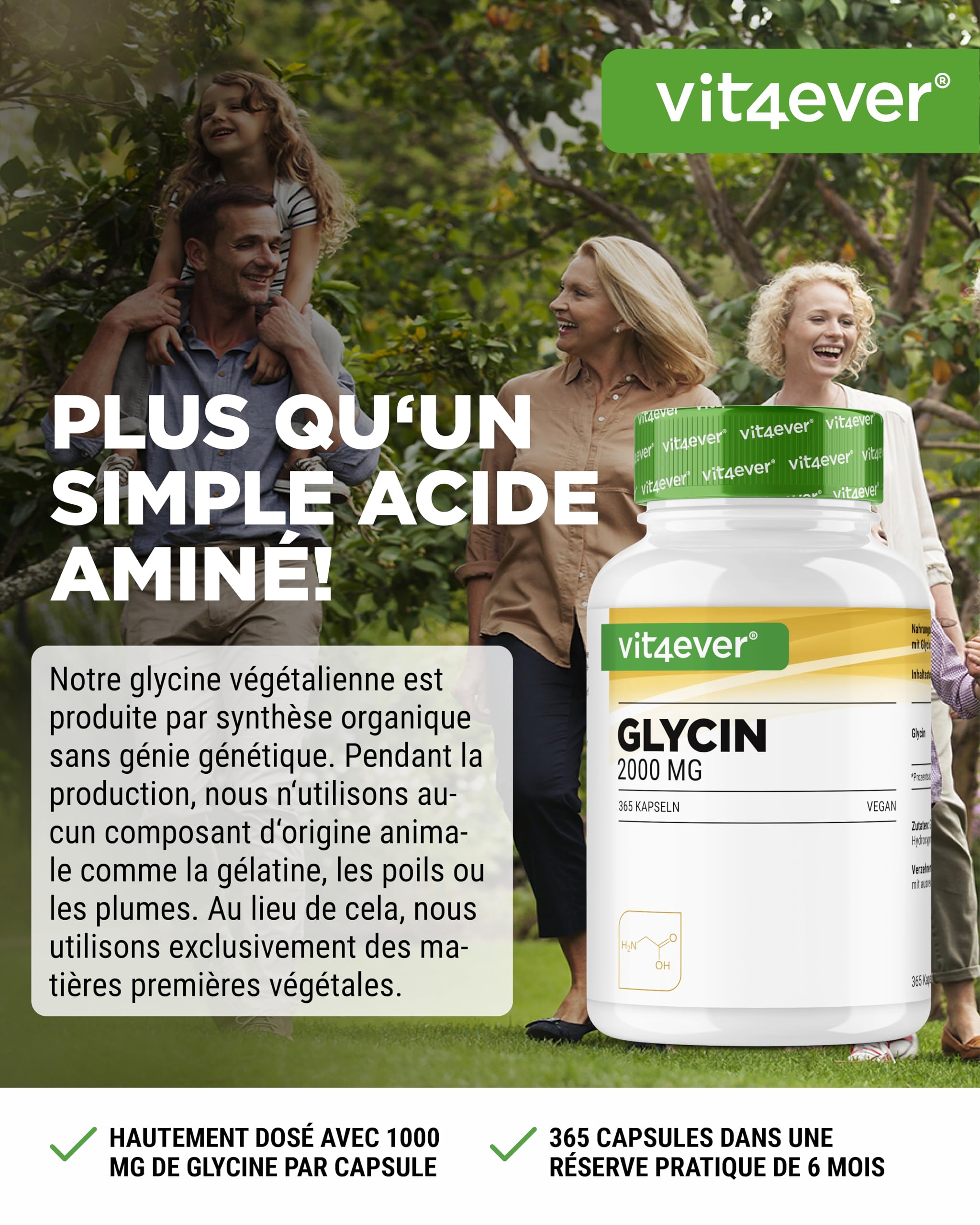 Glycine - 365 Gélules - Hautement Dosé Avec 2000 Mg Par Portion Journalière - Très Haute Pureté - Sans Additifs - Vegan