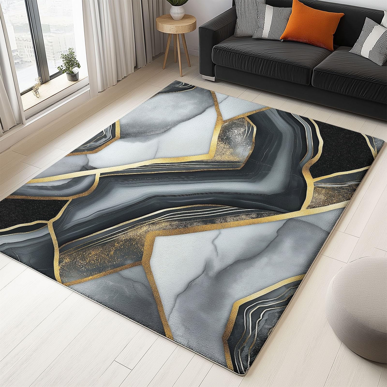 Tapis Moderne Agate Géométrique imprimé pour Salon, Gris Or Tapis Poil Ras Doux et antidérapant Design Moderne Lavable, décoration intérieure, 120 x 170 cm