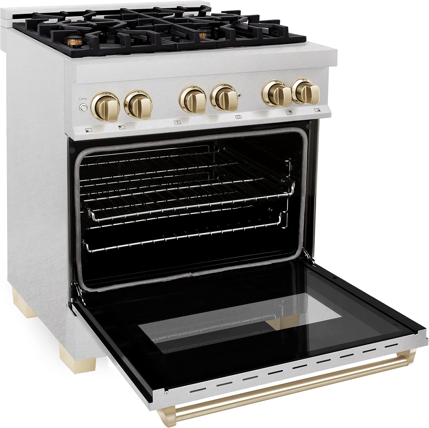 ZLINE Autograph Edition 30 in. 4.0 cu. ft. Legacy Dual Fuel Range with 4 Burner Gas Cooktop and Electric Convection Oven in Satin Stainless Steel and Polished Gold Accents (RASZ-SN-30-G)
