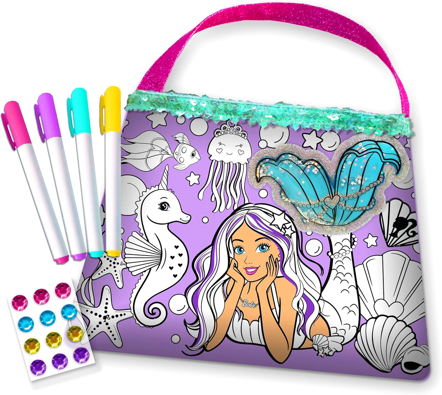 Tara Toys Barbie Color 'N Style Purse – DIY Fashion Bag for Kids with Markers & Gem Stickers, Creative Activity Set for Ages 3+