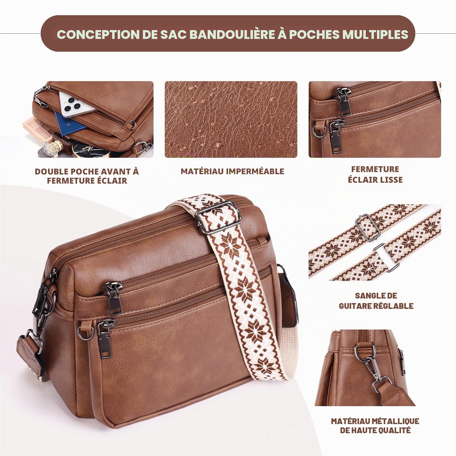 ATERITSSI - Sac à bandoulière tendance en cuir végétalien pour femme, sac à main pour téléphone portable, appareil photo, avec emplacements pour cartes