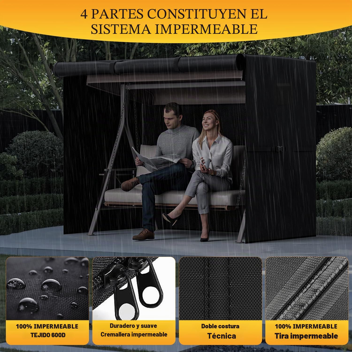 Fundas para columpio de jardín de 3 plazas, impermeables, de tela Oxford 600D, para exteriores, resistente al viento, anti-UV, para patio, jardín, hamaca con cremalleras impermeables (negro