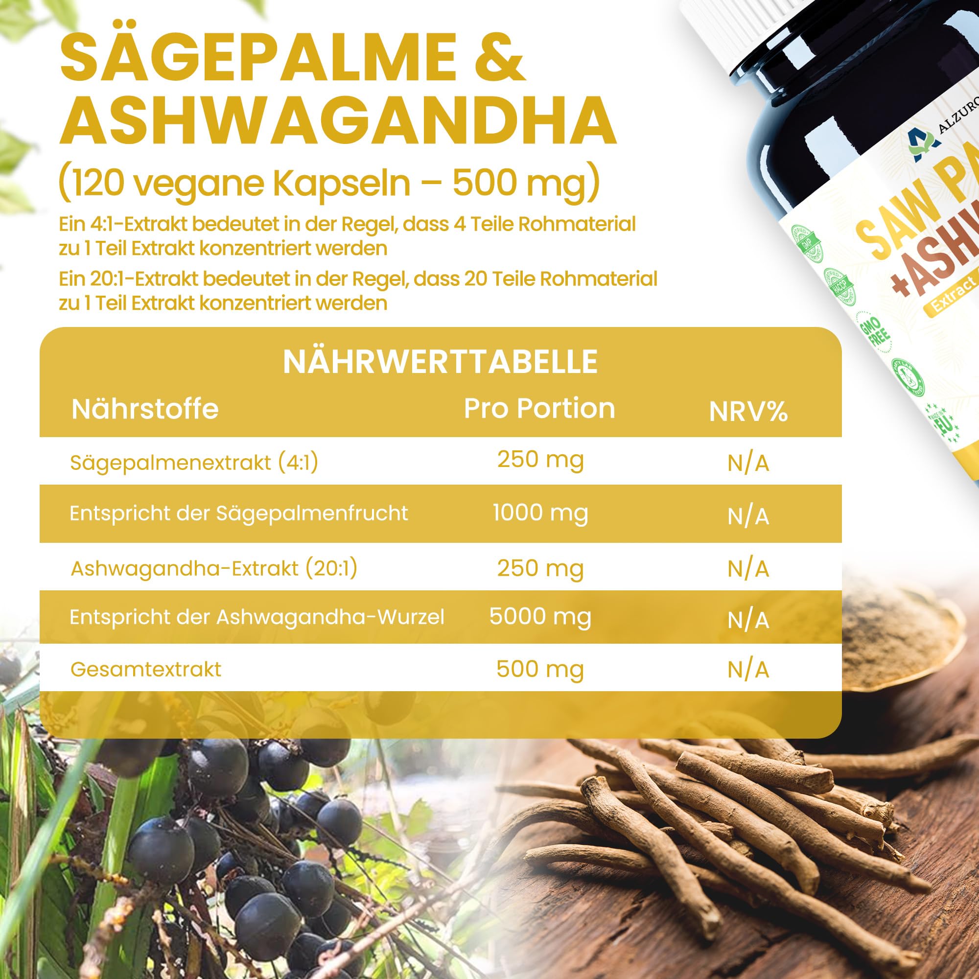 Saw Palmetto & Ashwagandha | 500 mg (estratto 4:1 & 20:1) | 120 veg capsule | 4 Mesi | Serenoa repens | GMP & Testato da Laboratorio Indipendente