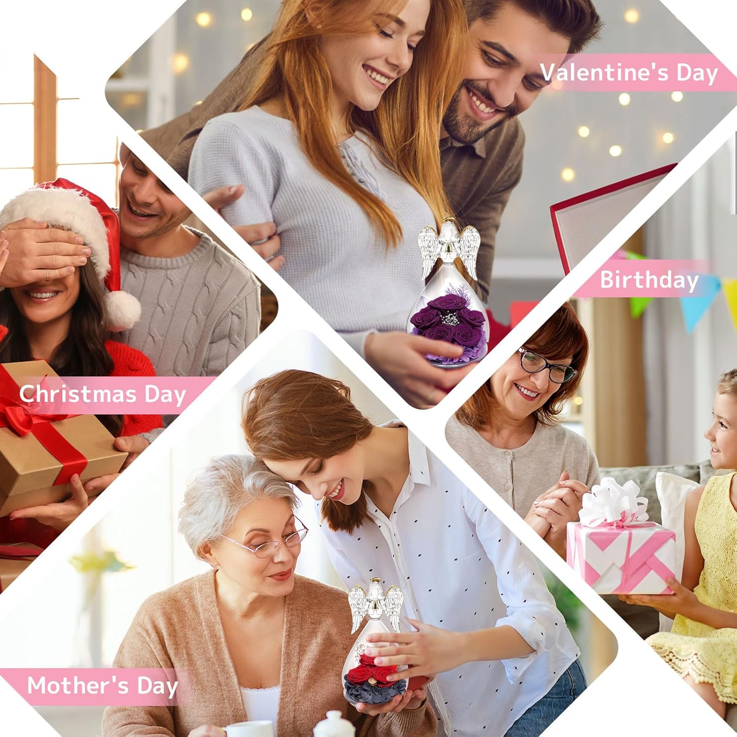 Yamonic Mom Birthday Gifts for Mom Women, Glass Angel Figurines with Five Real Rose Gifts for Her Mom Grandma, Preserved Flowers Rose Angel Gifts for Mothers Day Christmas Anniversary Birthday (Red) - Image 7