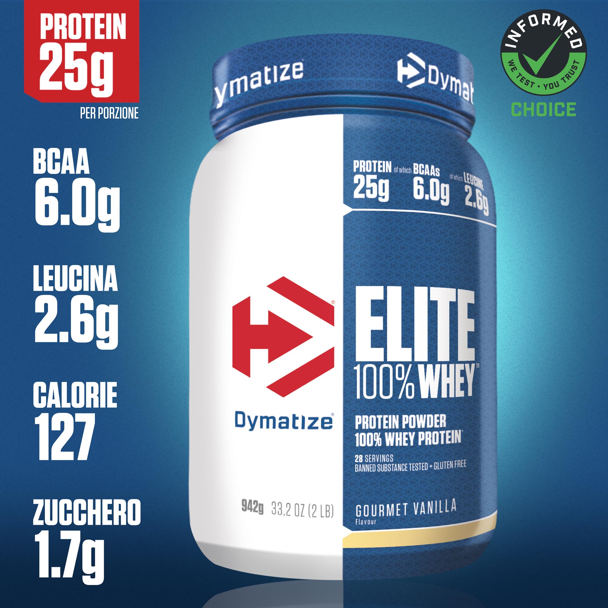Dymatize Elite 100% Whey Gourmet Vanilla 942g - Polvere ad alto contenuto di proteine e basso zuccheri del siero latte BCAA