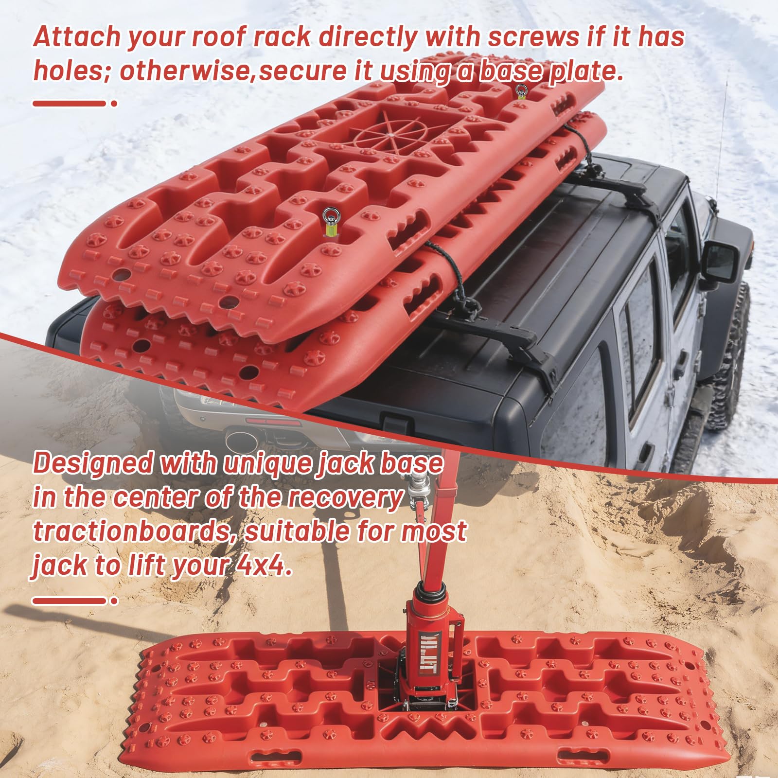 EXLECO 2 Pcs Plaques de Desensablage, Accessoire de Désenlisement pour Cale Camping Carr, 4x4 jusqu‘à 10T, Rampe Voiture de Récupération à Traction sur Sable, avec Sac de Rangement, Support, Rouge