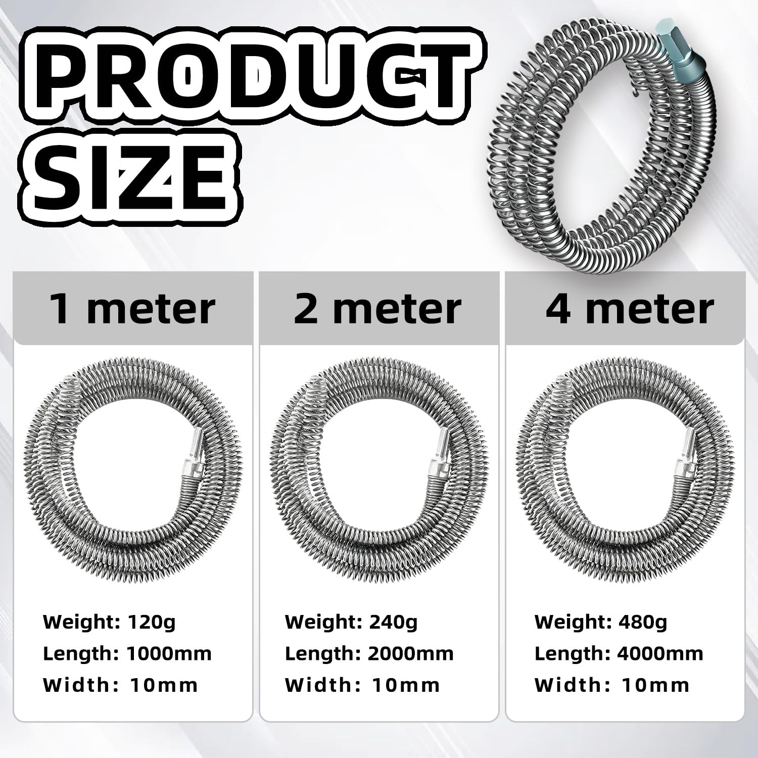 Sonda Sturatubi per Trapano,Kit 3 Pulitori a Spirale per Tubi 10 mm, 1m/2m/4m, Sturatubi Flessibile per Lavandini e WC,per Trapano Adattatore Elettrico Manuale Ostruzioni Ostinate Rimuove Capelli