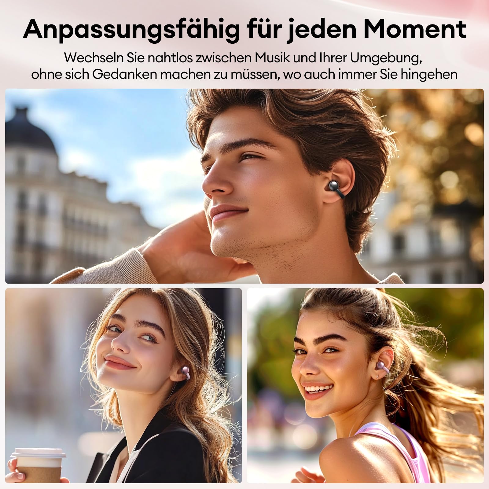 Clip On Schmuck Kopfhörer Open Ear Kopfhörer Kabellos Bluetooth 5.4 mit Intelligentem Touchscreen 4.1g Leichtgewicht Kopfhörer Sport, 60 Std Wireless Earbuds, M100 Schmetterling-Ohrring Rosa