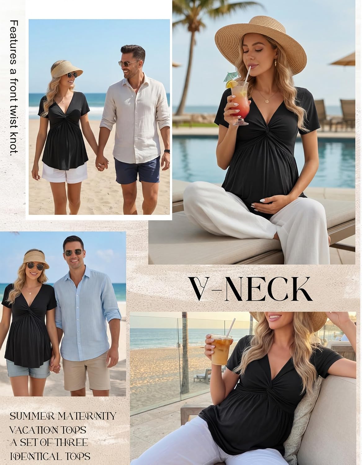 3 Pack V Neck Front Knotted Maternity Tops Short Sleeve Ruched Pregnancy Tunic Shirts Summer Casual Empire Waist Top