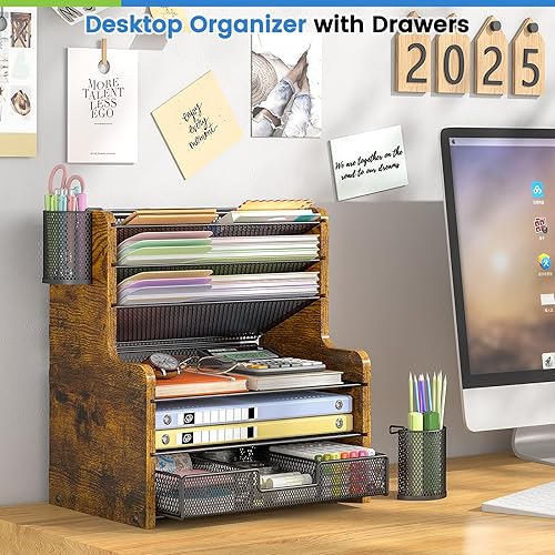 Miniatura 3 de Organizador de escritorio de malla de 6 niveles con cajón, organizador de oficina de madera para papeles, carpetas y suministros de oficina, soporte