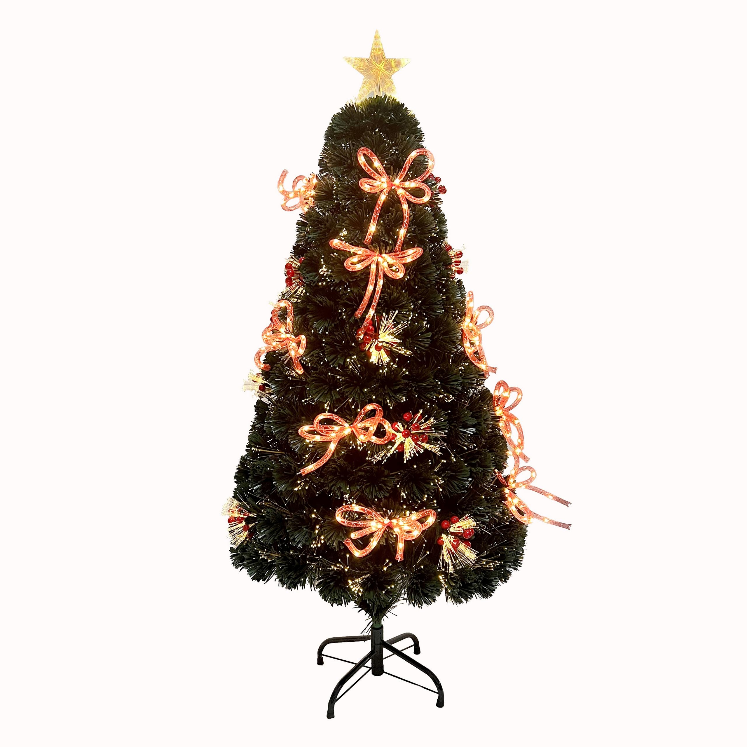Shatchi 3Ft/90Cm Fibre Optic Christmas Star Topper-Ribbon Bows Decorations-Green Pre-Lit Artificial Christmas Tree from B&Q