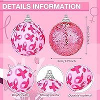 Vista 3 de 12 piezas de adornos para árbol de cáncer de mama, bola de cinta rosa colgante de lentejuelas rosadas, adorno para decoración de árbol