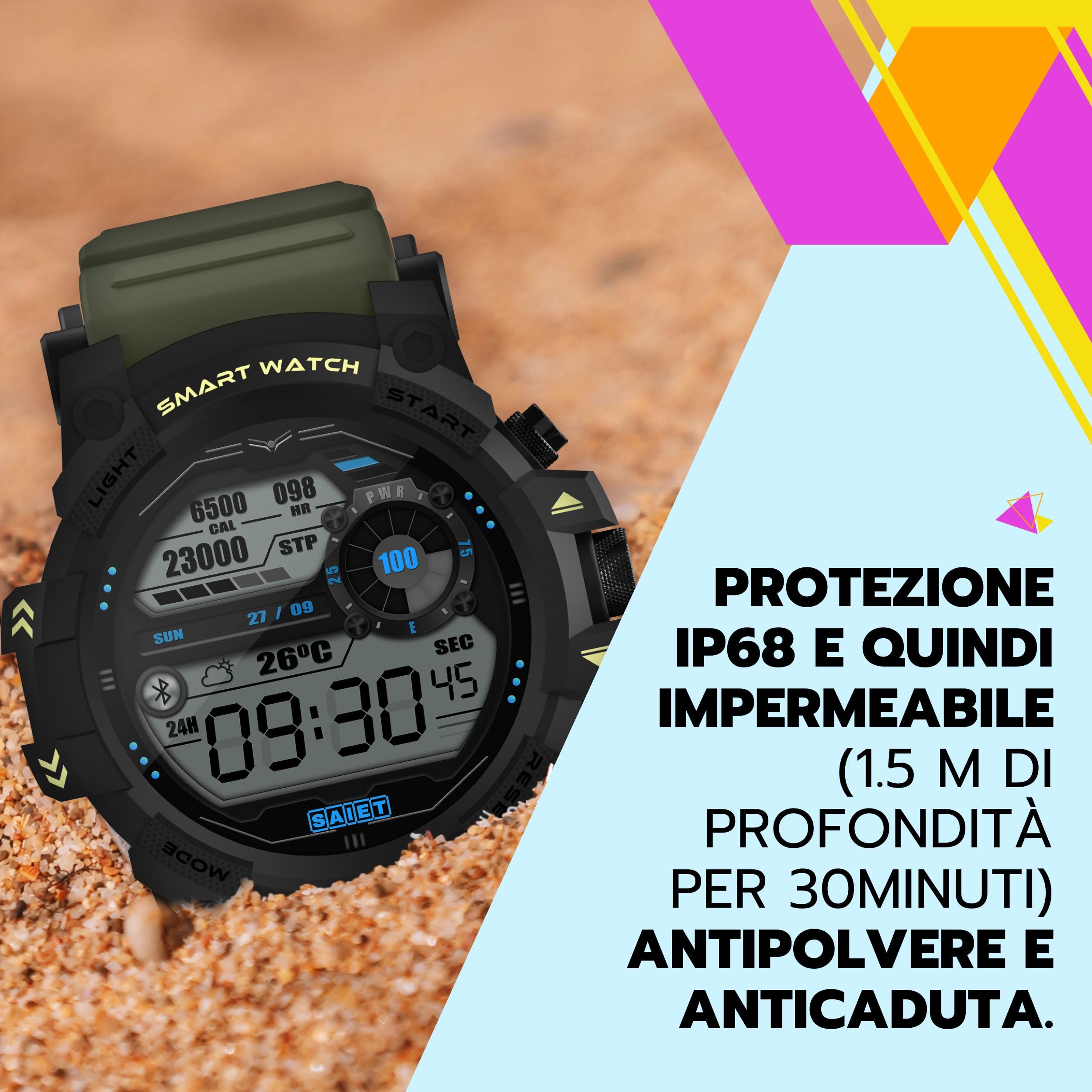 SAIET - Smartwatch W4RR1OR con Funzioni GPS, Chiamate e Messaggi - Orologio Digitale in Vetro Temperato Waterproof - Smartwatch Sport - Verde