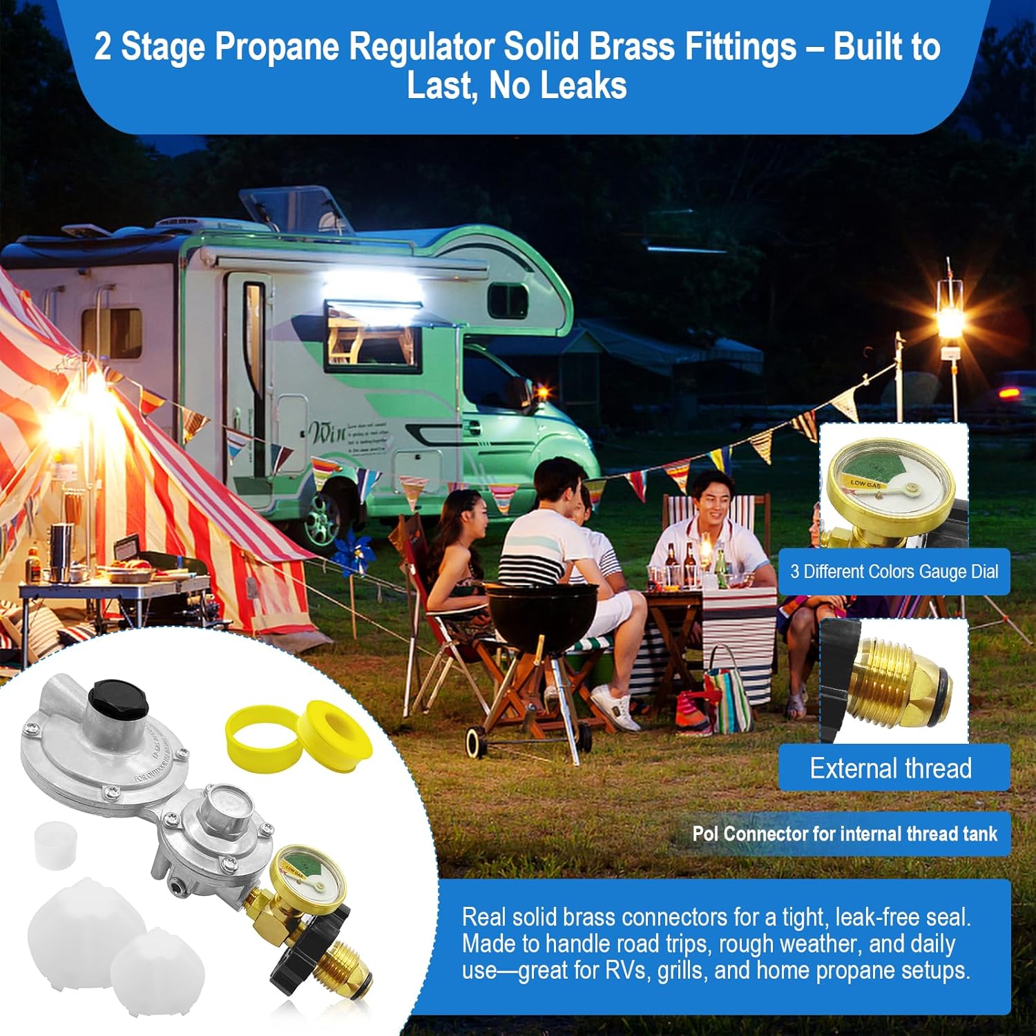 Propane Tank Adapter 2 Stage Propane Regulator with Gauge & POL,Rv Propane Regulator 3/8" NPT for 20–100lb Tank,Propane Tank Regulator for Grill,Heater, Camper,Generator,Trailer,ASME & LP Tanks Etc.