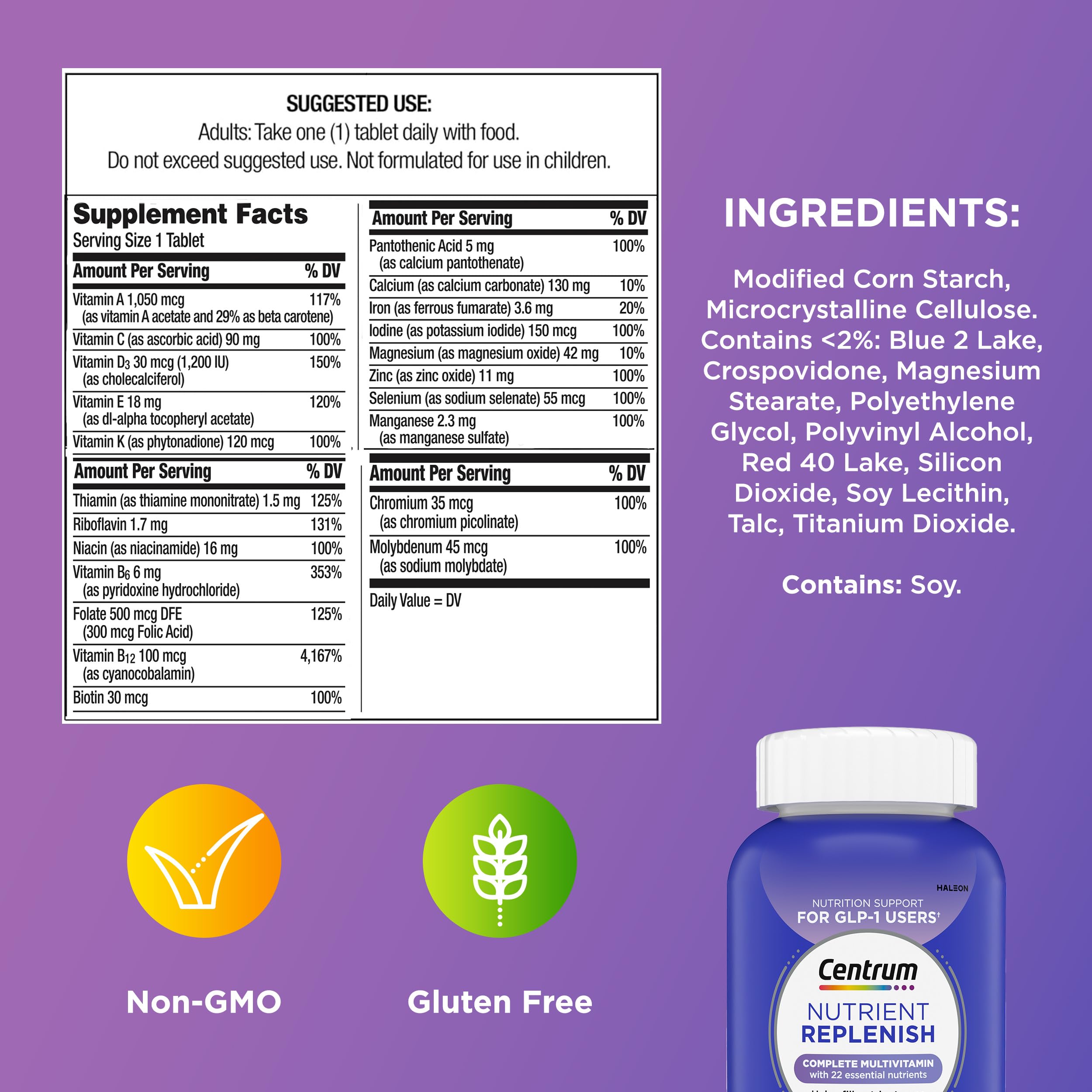 Centrum Nutrient Replenish GLP-1 Nutrition Support Multivitamin for Whole Body Health and Appearance - 180 Tablets, 6 Month Supply