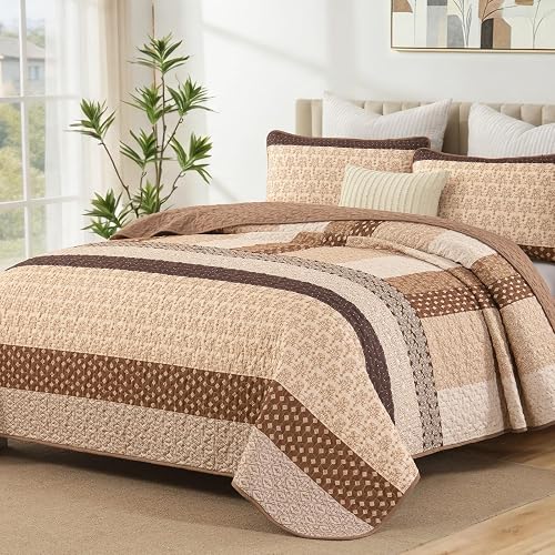 WONGS BEDDING Boho Queen Size Quilt Set, Brown Striped Bedspread