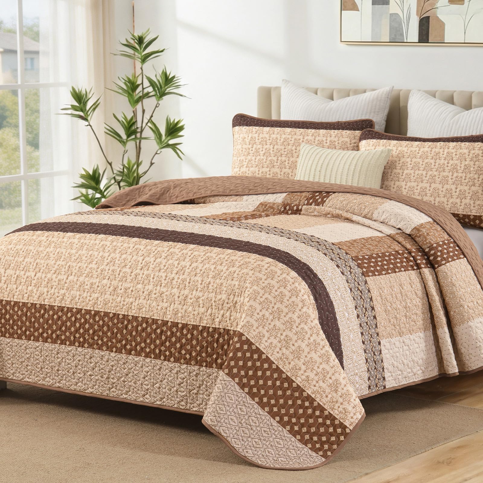WONGS BEDDING Fall King Size Quilt Set, Brown Striped Bedspread