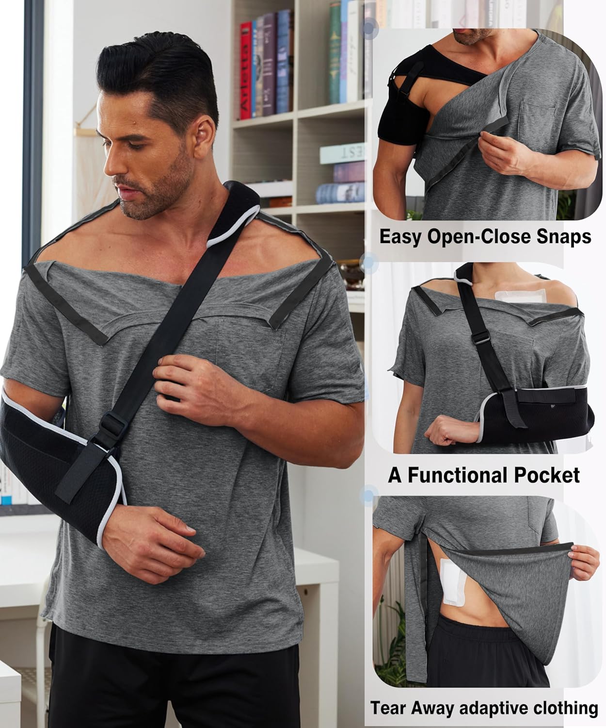Deyeek Men's Post Shoulder Surgery Shirts Recovery Tear Away Short Sleeve Full Open Side Snap Adaptive Chemo Clothing - Image 4