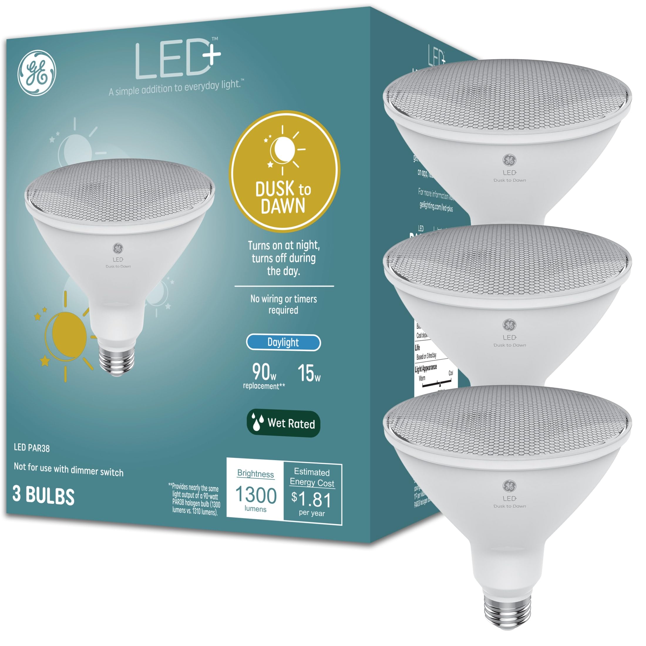 GE LED+ Dusk to Dawn LED Light Bulbs, 15 Watts, Automatic On/Off