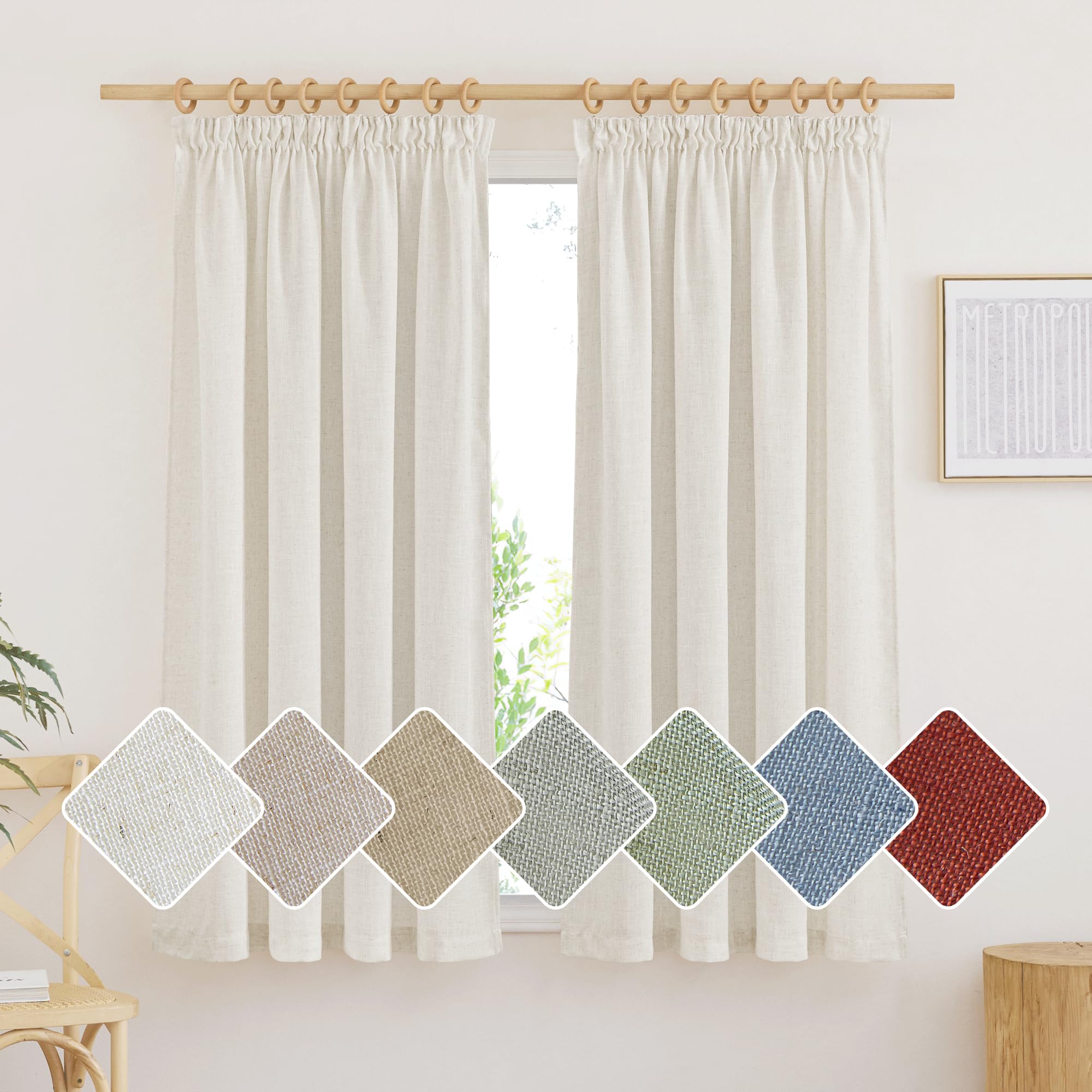 PONY DANCE Short Curtains for Windows Translucent Linen Curtains for Kitchen/Bedroom Curtains for Rail with Hooks Boho Curtains 2 Pieces, 140 x 160 cm(W x H) Cream Global Recycled Standard OEKO-TEX STANDARD 100 Global Recycled Standard Global Recycled Standard
