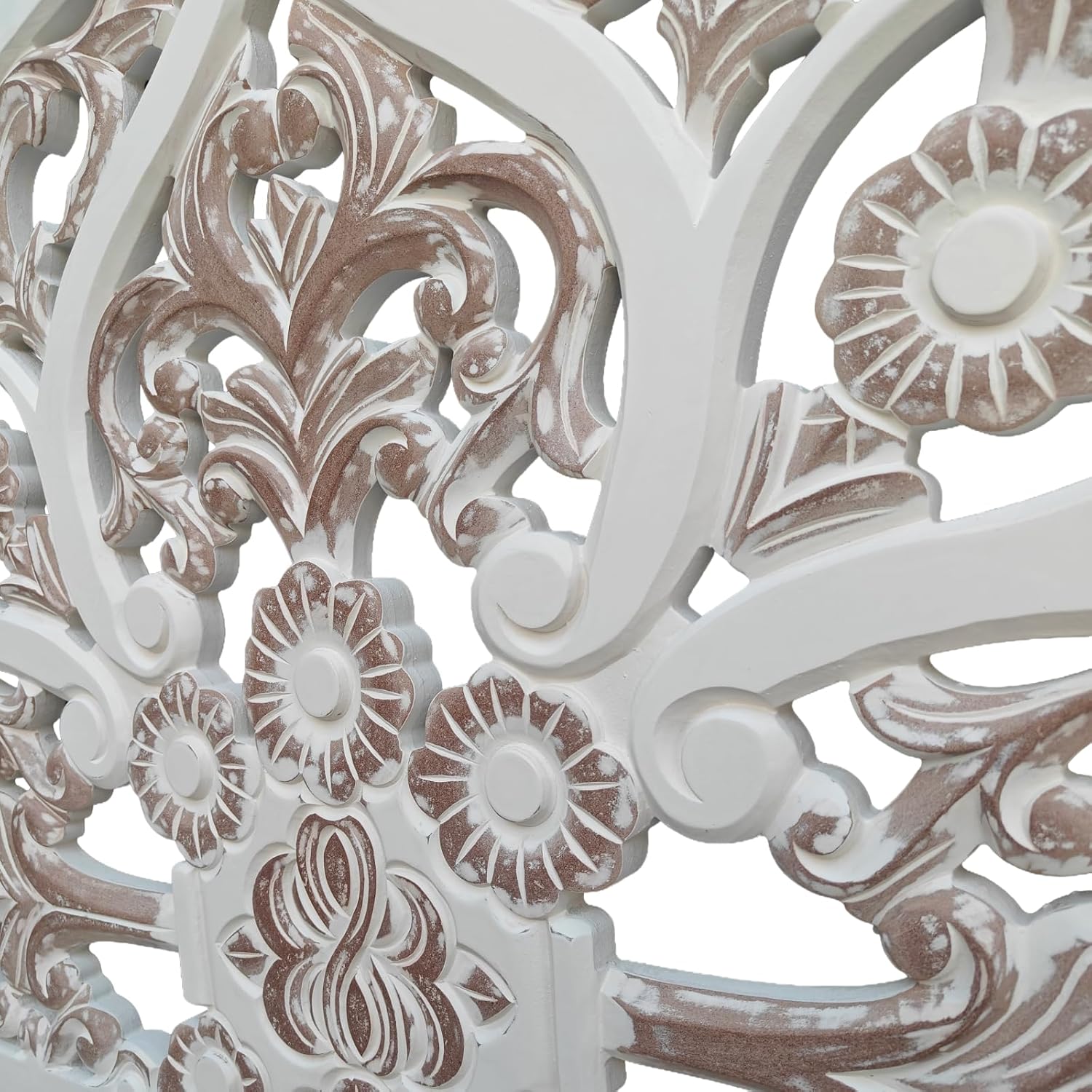 Hand Carved Half Moon Bed Headboard White Wash Flower Wall Decor Bed Head Wall Art Boho Bed Headboard Home Decor (Queen Size- 63x45x1 -inches) | Engineered Wood