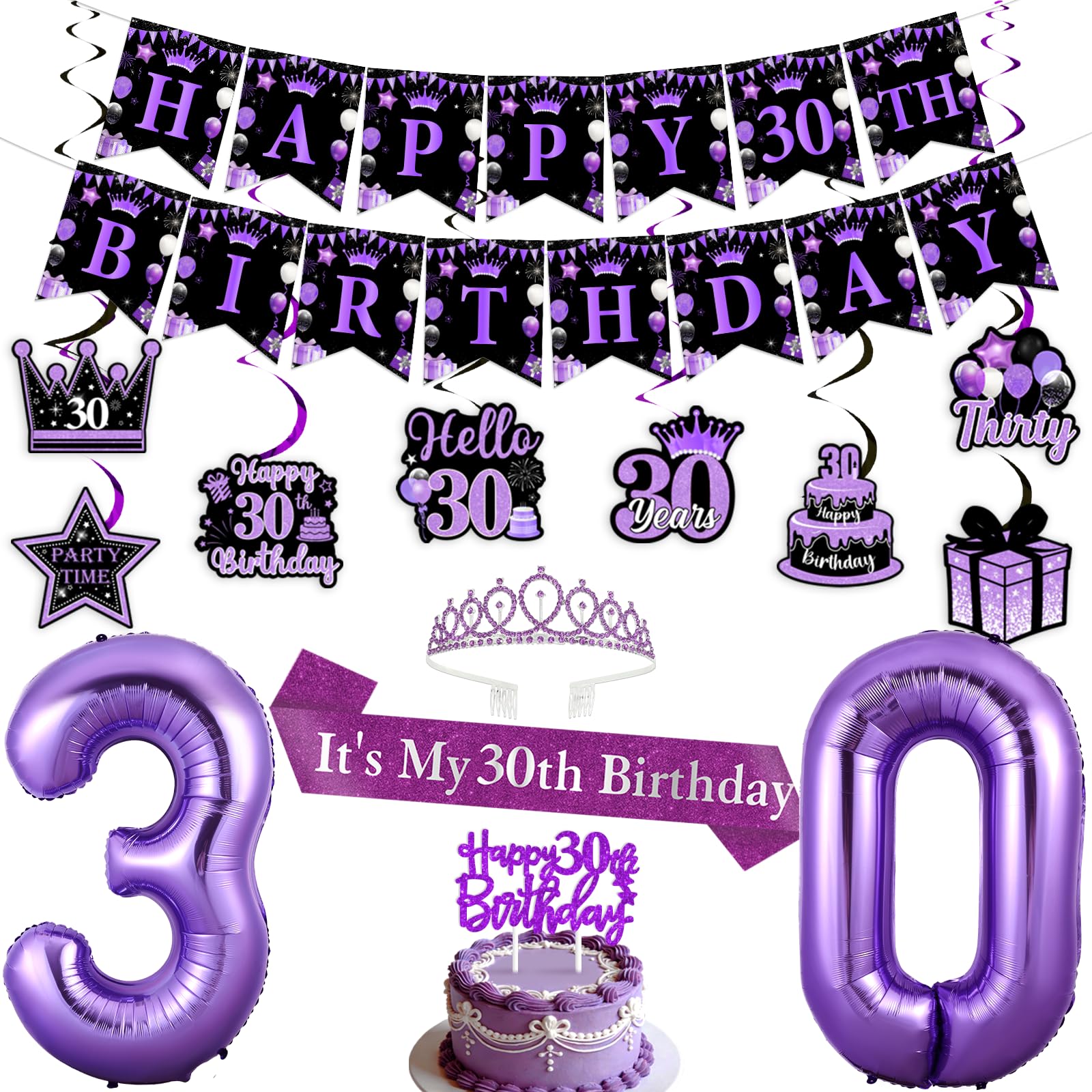 Funmemoir Black and Purple 30th Birthday Decorations for Her - Purple Tiara, Sash, Hanging Swirls, Cake Topper, Foil Balloons and Banner for Women Happy 30th Birthday Party Supplies