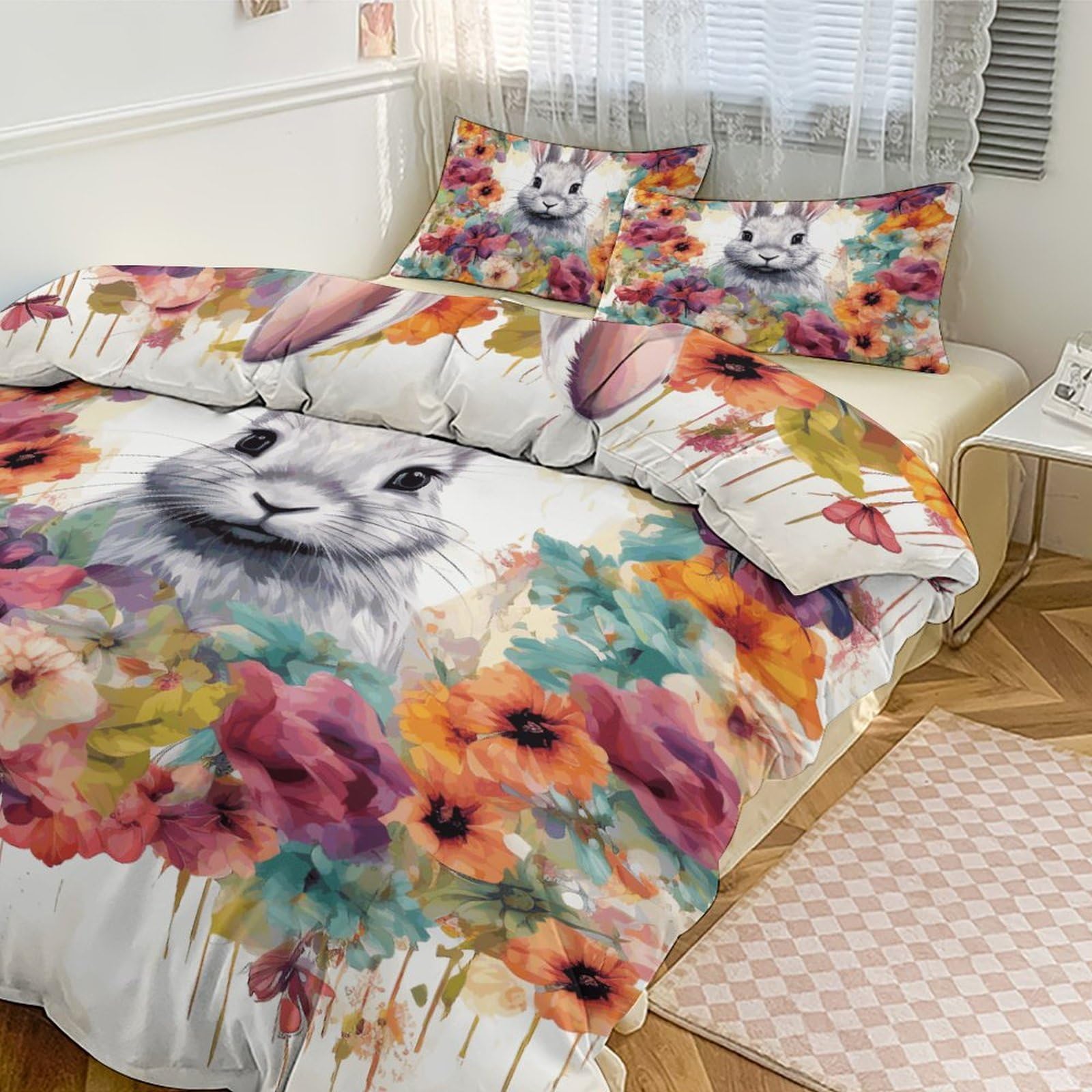 Housse de couette 3 pièces aquarelle lapin fleurs parure de lit grand lit avec taies