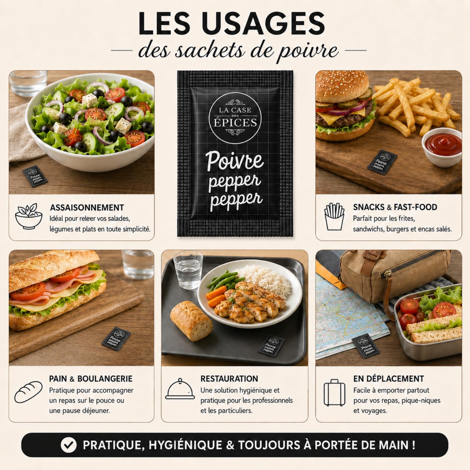LA CASE AUX EPICES - 500 sachets de poivre - Doses individuelles 0,14 g | Poivre en dosettes - Idéal restauration, traiteur, hôtel, food truck, repas à emporter - Pratique et hygiénique - à déguster