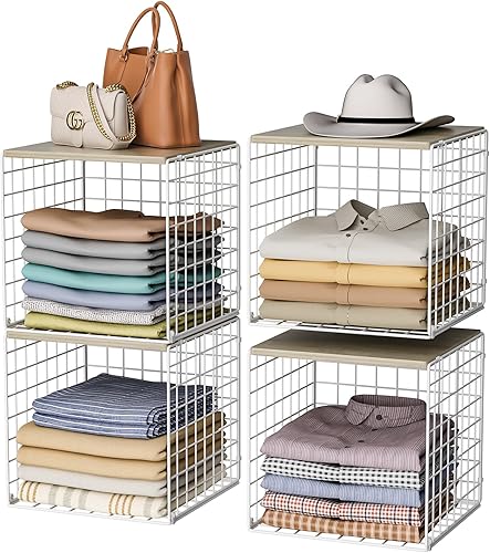 Paquete de 4 organizadores de armario y almacenamiento con parte superior de madera, organizador de estante apilable para armario, diseño de doble